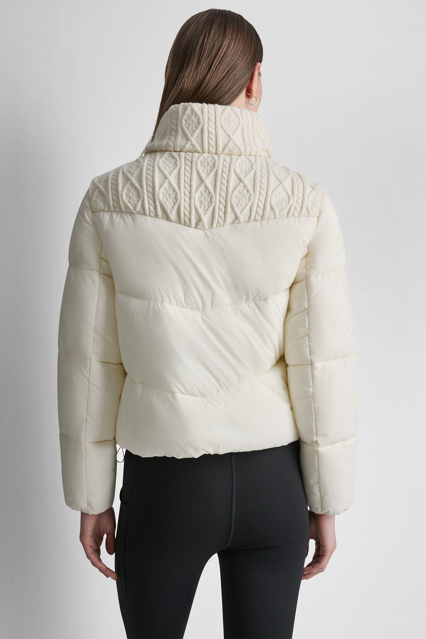 CABLE KNIT MOCK NECK PUFFER JACKET View 2 | NEW NEUTRALS CABLE KNIT MOCK NECK PUFFER JACKET View 2 | NEW NEUTRALS