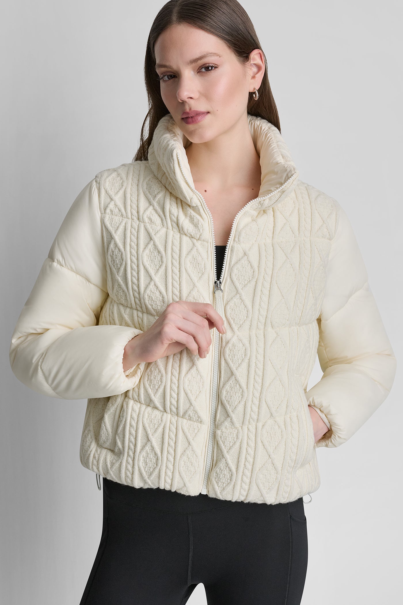 CABLE KNIT MOCK NECK PUFFER JACKET View 1 | NEW NEUTRALS CABLE KNIT MOCK NECK PUFFER JACKET View 1 | NEW NEUTRALS