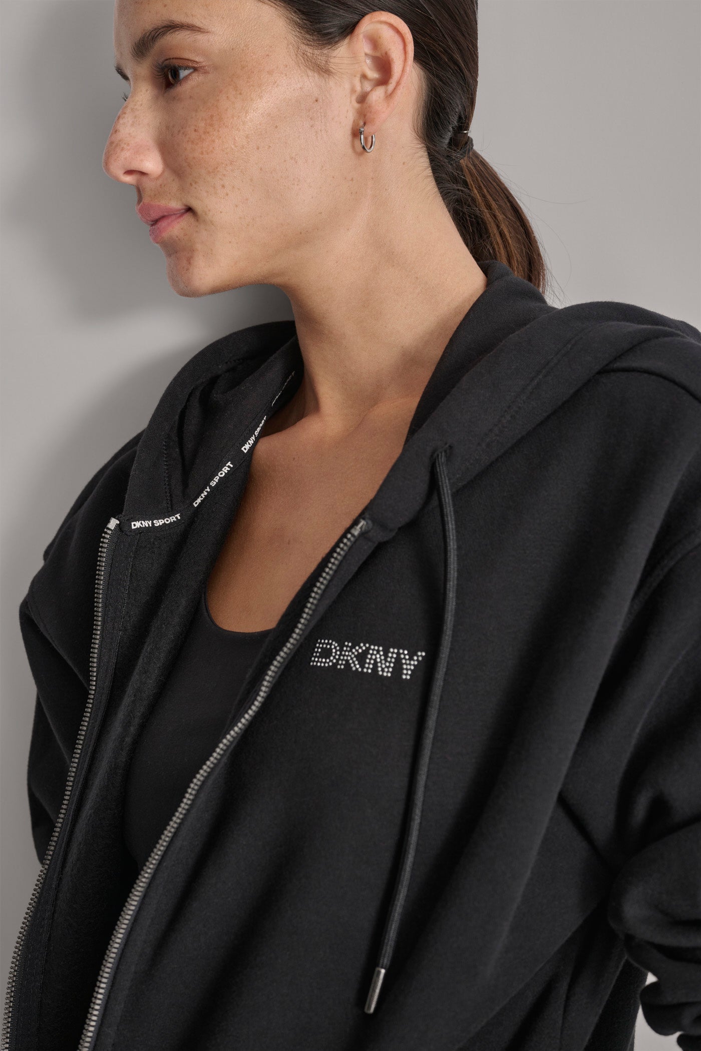 MINI STUD LOGO FULL ZIP HOODIE WITH POCKETS VIEW 4 | DKNY Sport MINI STUD LOGO FULL ZIP HOODIE WITH POCKETS VIEW 4 | DKNY Sport