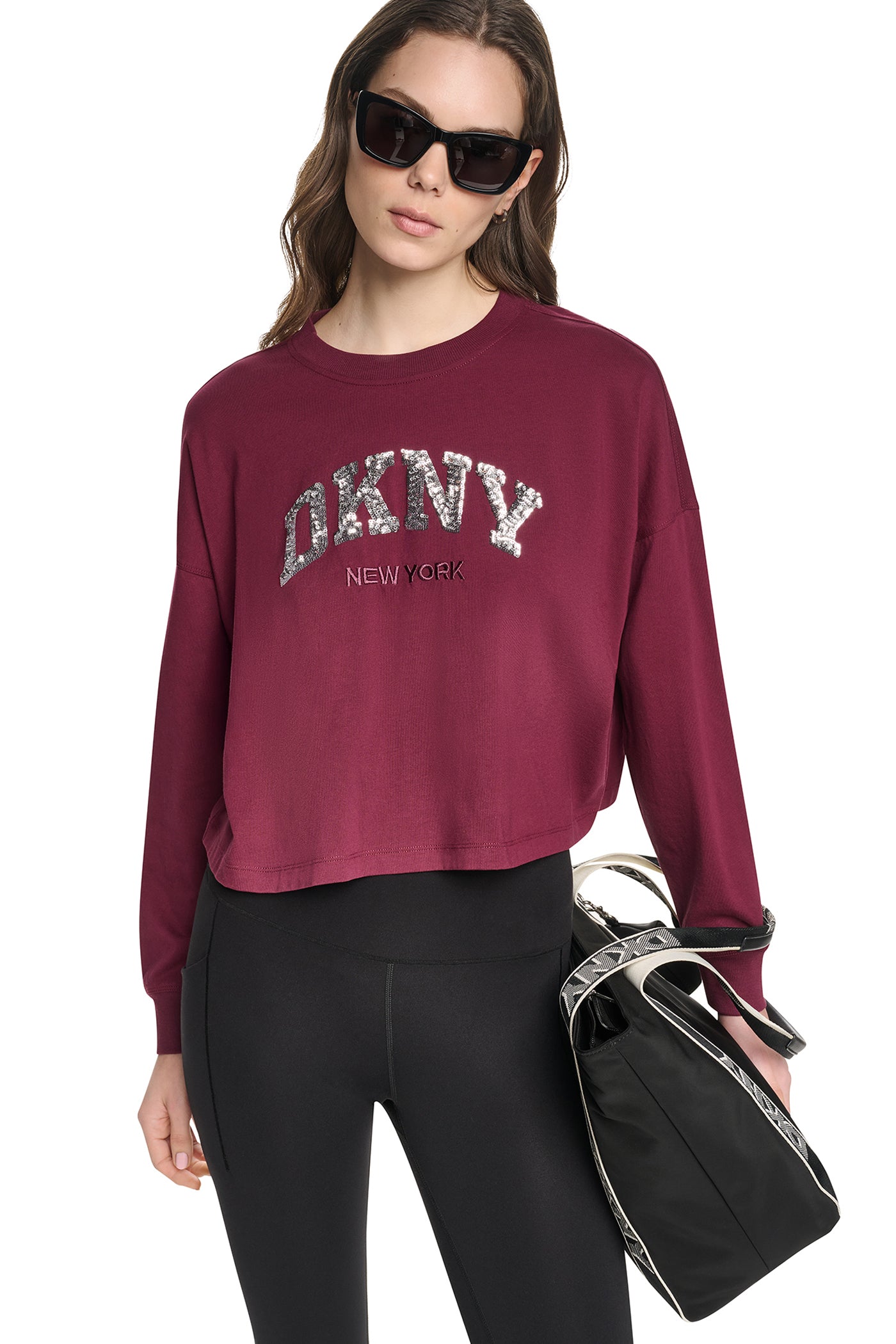 CROPPED SEQUIN VARSITY LOGO TEE View 1 | DKNY25 CROPPED SEQUIN VARSITY LOGO TEE View 1 | DKNY25