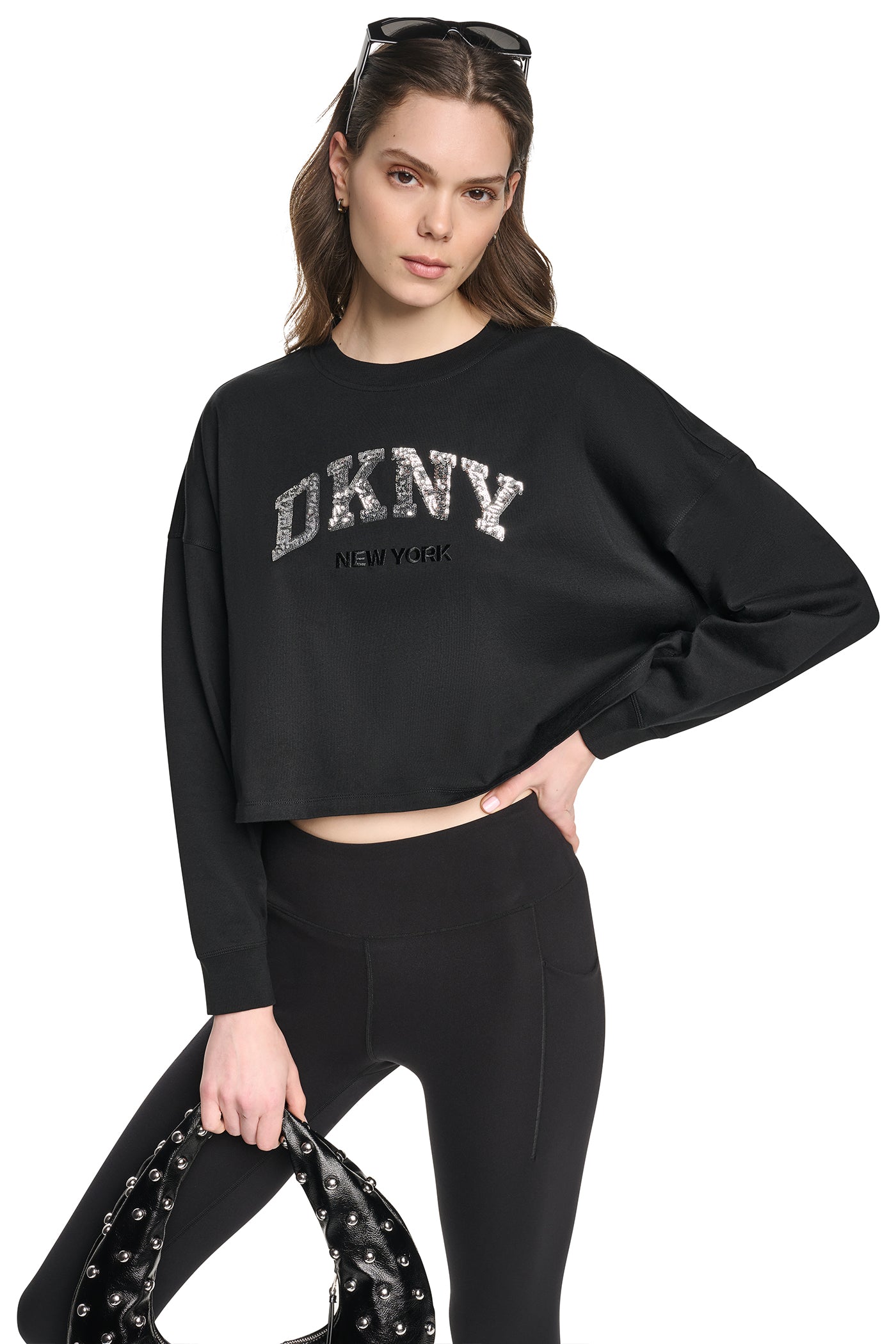 CROPPED SEQUIN VARSITY LOGO TEE View 1 | Fall Collection CROPPED SEQUIN VARSITY LOGO TEE View 1 | Fall Collection
