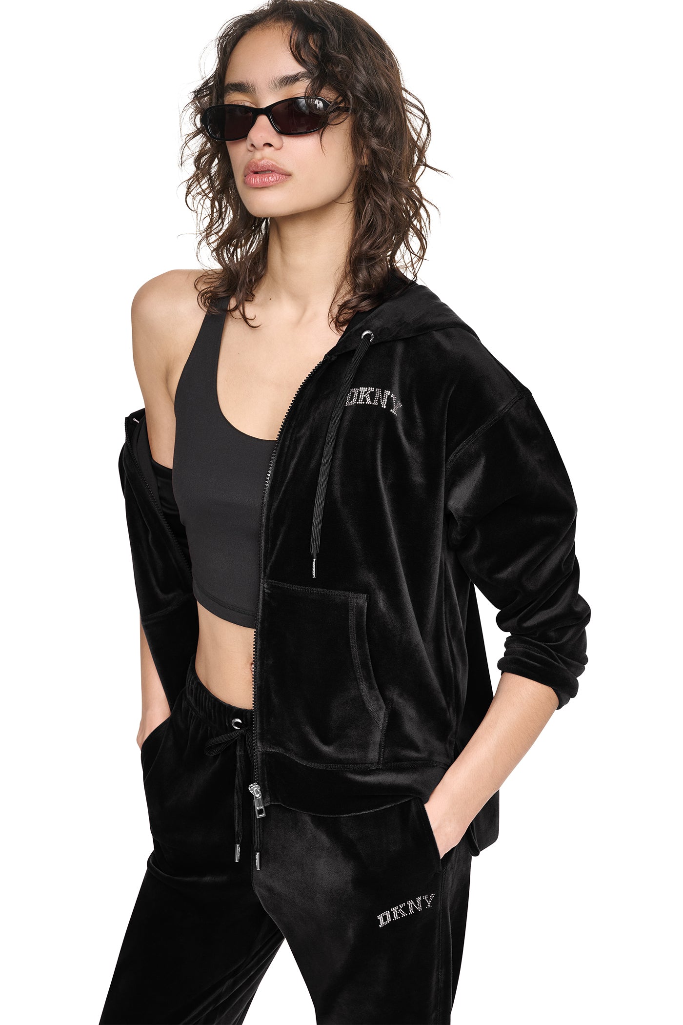 VARSITY VELOUR RHINESTONE LOGO FULL ZIP HOODIE View 1 | DKNY25 VARSITY VELOUR RHINESTONE LOGO FULL ZIP HOODIE View 1 | DKNY25