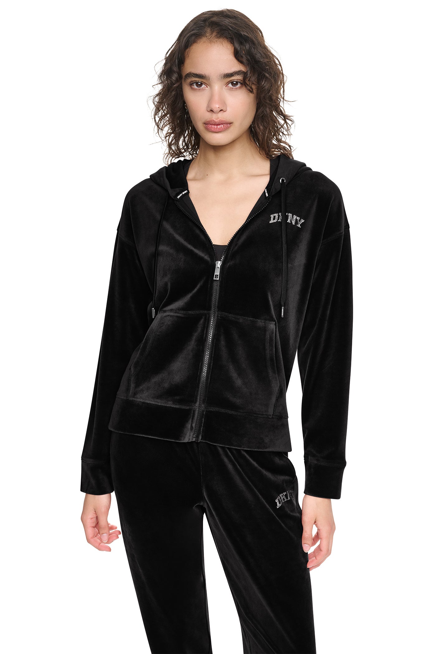 VARSITY VELOUR RHINESTONE LOGO FULL ZIP HOODIE View 2 | DKNY25 VARSITY VELOUR RHINESTONE LOGO FULL ZIP HOODIE View 2 | DKNY25