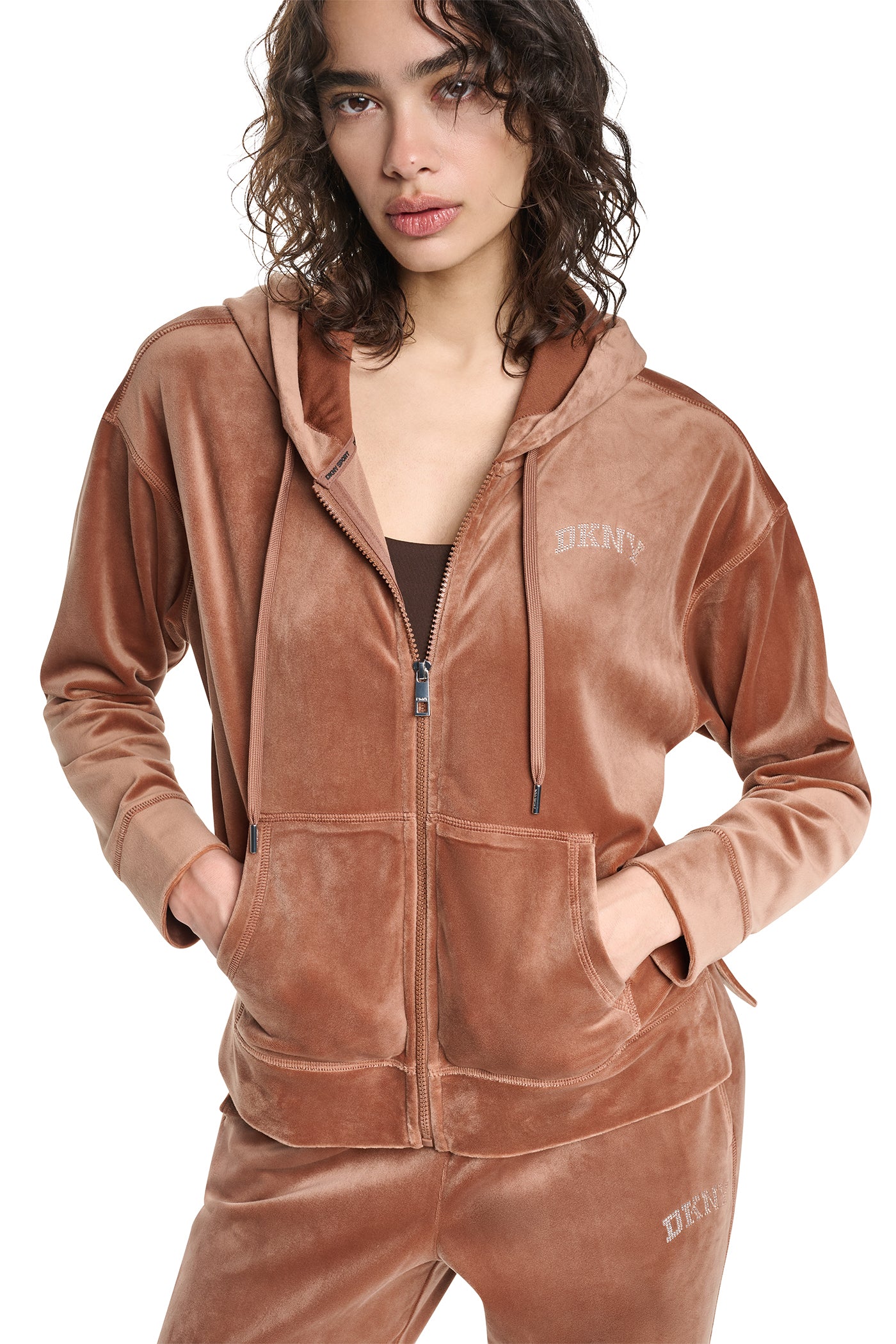 VARSITY VELOUR RHINESTONE LOGO FULL ZIP HOODIE View 1 | DKNY25 VARSITY VELOUR RHINESTONE LOGO FULL ZIP HOODIE View 1 | DKNY25