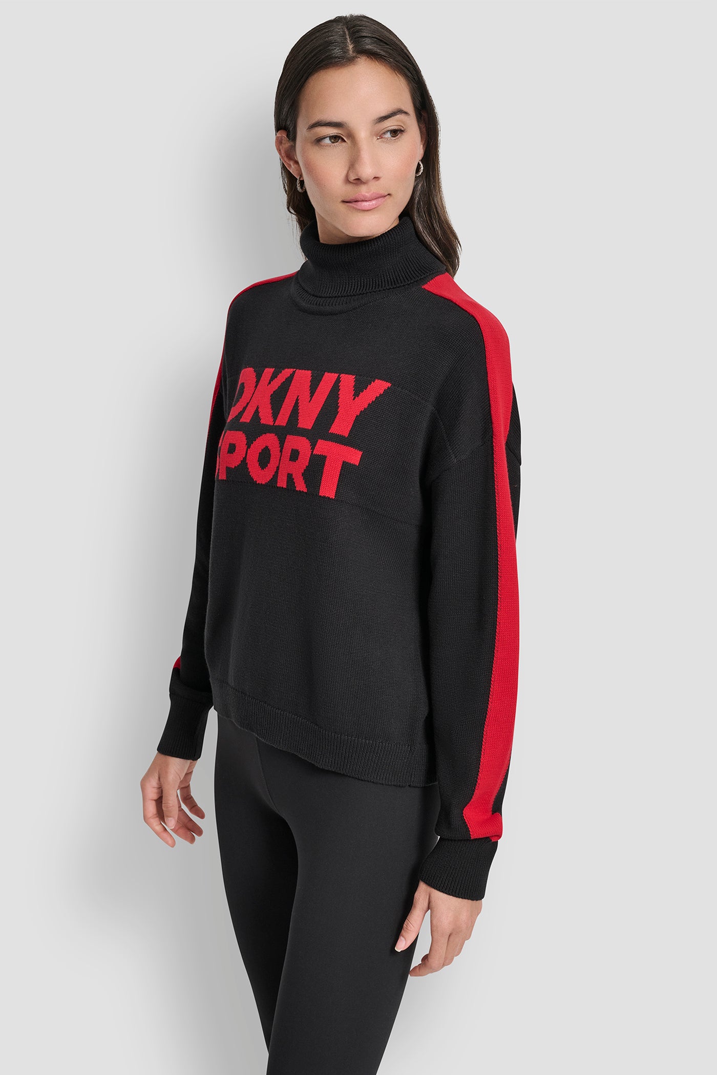 LONG SLEEVE TURTLE NECK JACQUARD LOGO SWEATER VIEW 3 | DKNY Promo LONG SLEEVE TURTLE NECK JACQUARD LOGO SWEATER VIEW 3 | DKNY Promo