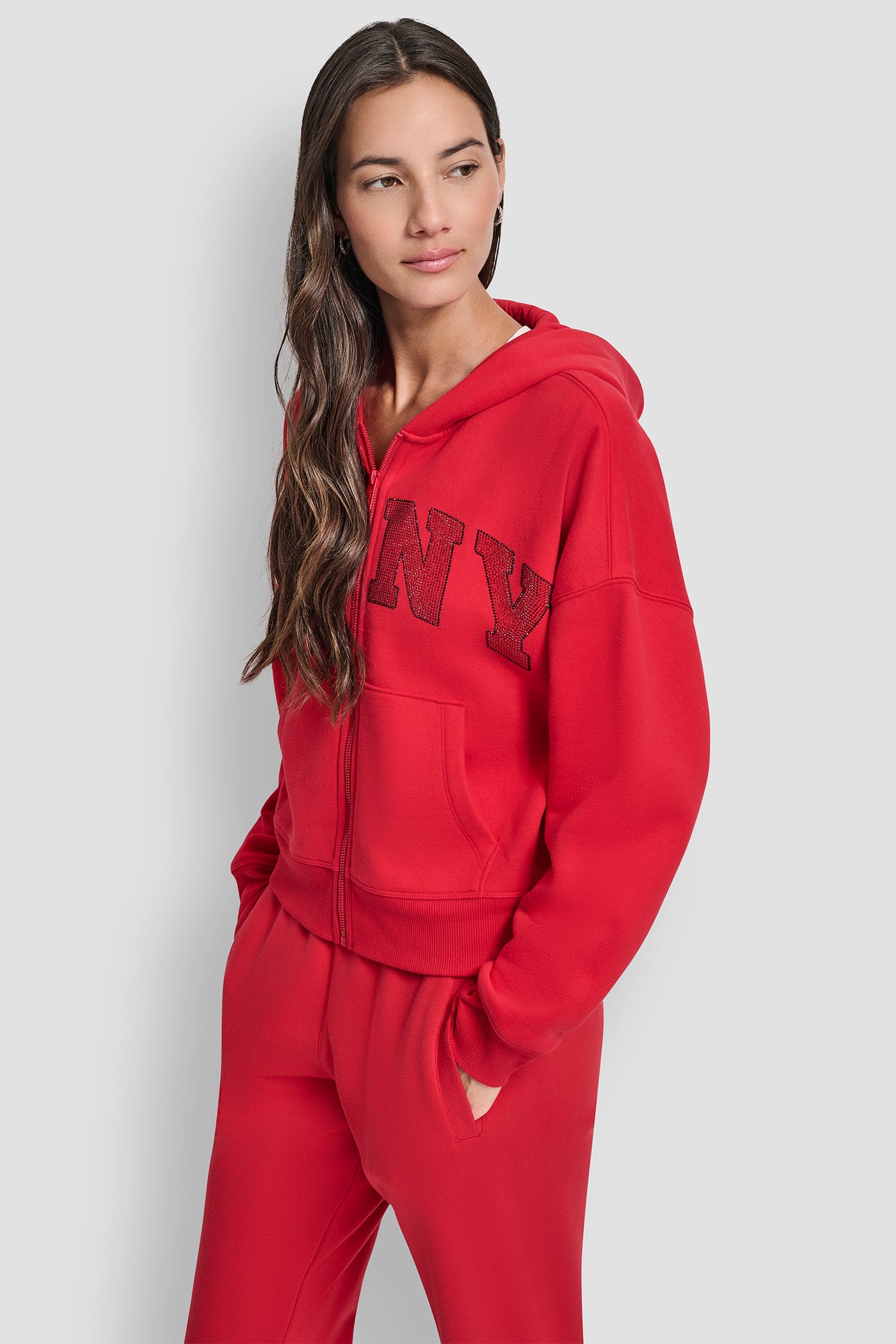 EXPLODED RHINESTONE VARISTY LOGO FULL ZIP HOODIE WITH POCKETS VIEW 3 | Sport Essentials EXPLODED RHINESTONE VARISTY LOGO FULL ZIP HOODIE WITH POCKETS VIEW 3 | Sport Essentials