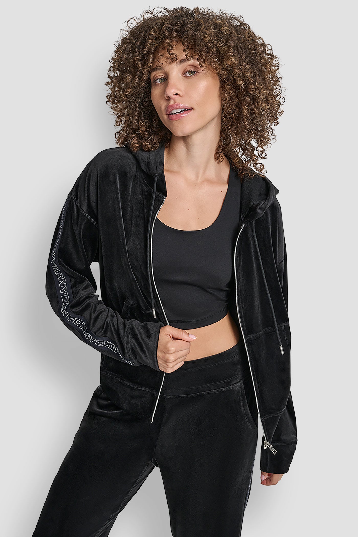 VELOUR FULL ZIP HOODIE WITH METALLIC LOGO VIEW 4 | DKNY Promo VELOUR FULL ZIP HOODIE WITH METALLIC LOGO VIEW 4 | DKNY Promo