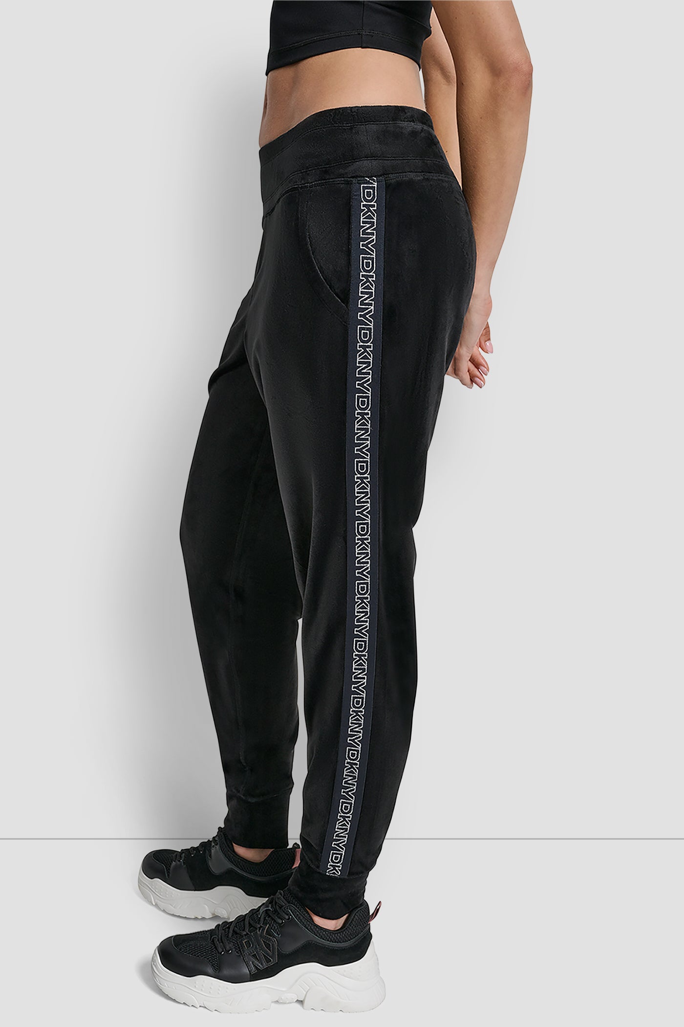 VELOUR CUFFED JOGGER WITH METALLIC LOGO VIEW 3 | DKNY Promo VELOUR CUFFED JOGGER WITH METALLIC LOGO VIEW 3 | DKNY Promo