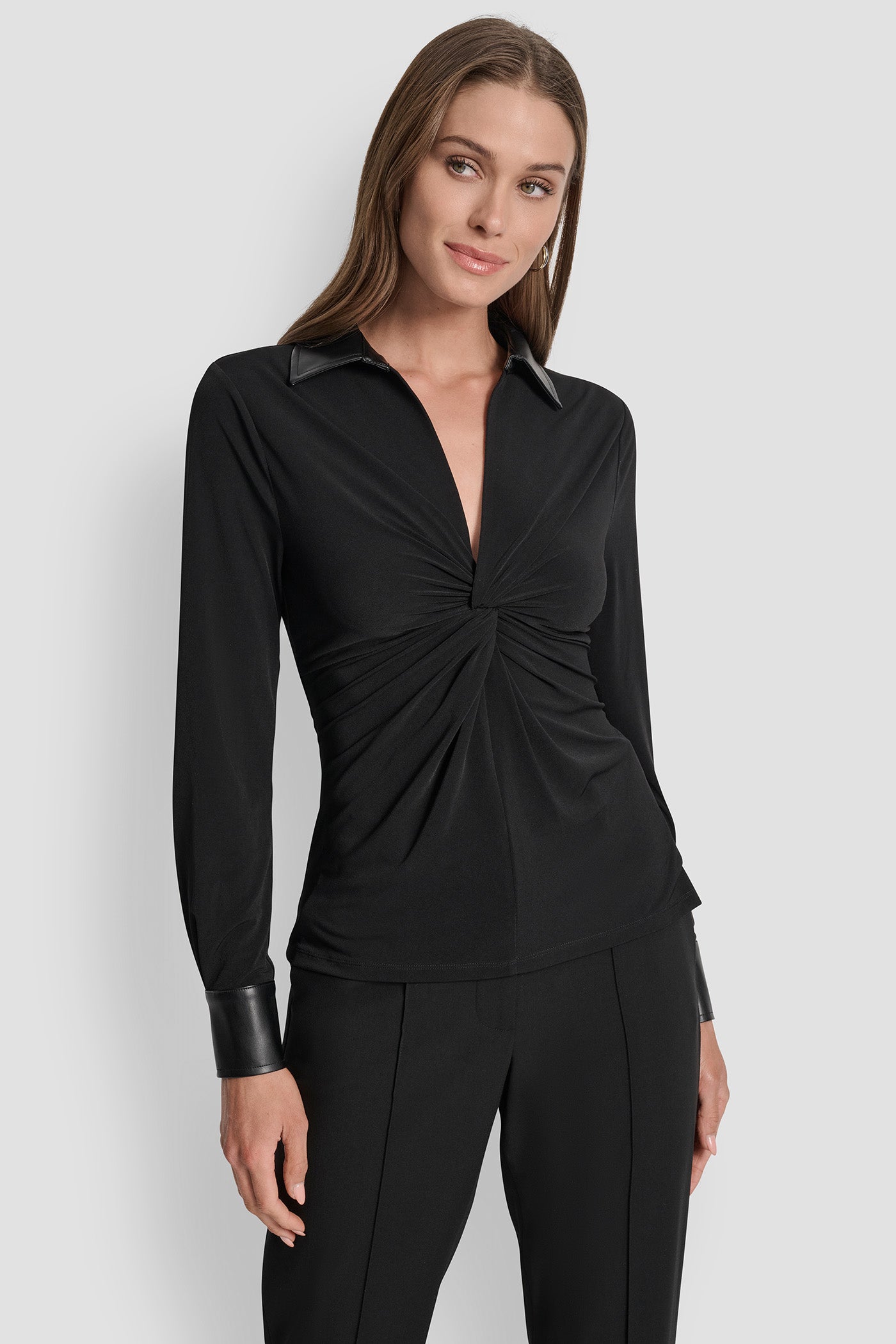 TWIST-FRONT FAUX LEATHER TRIM TOP VIEW 1 | WOMEN'S SWEATERS & TOPS TWIST-FRONT FAUX LEATHER TRIM TOP VIEW 1 | WOMEN'S SWEATERS & TOPS
