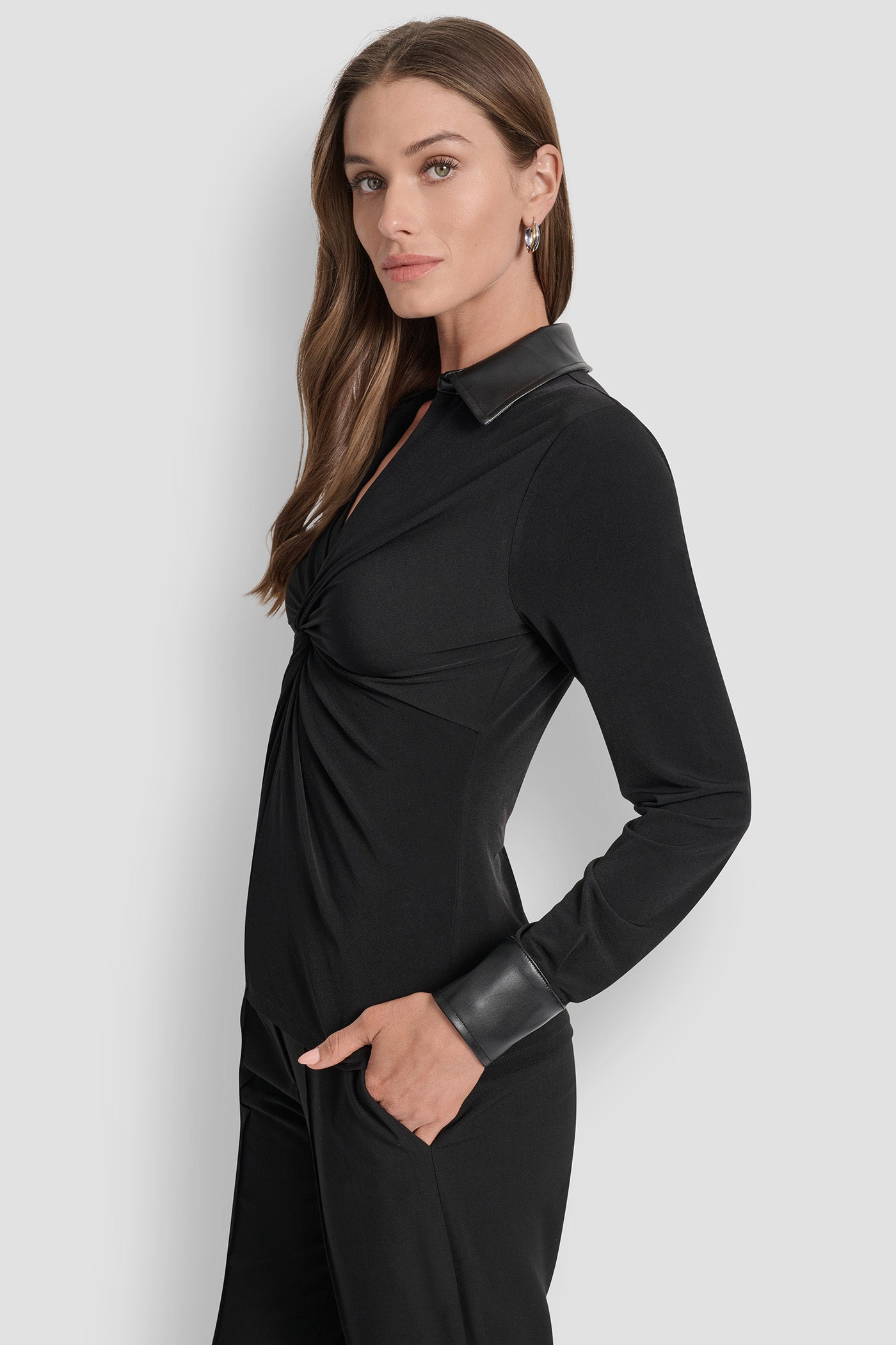 TWIST-FRONT FAUX LEATHER TRIM TOP VIEW 3 | WOMEN'S SWEATERS & TOPS TWIST-FRONT FAUX LEATHER TRIM TOP VIEW 3 | WOMEN'S SWEATERS & TOPS