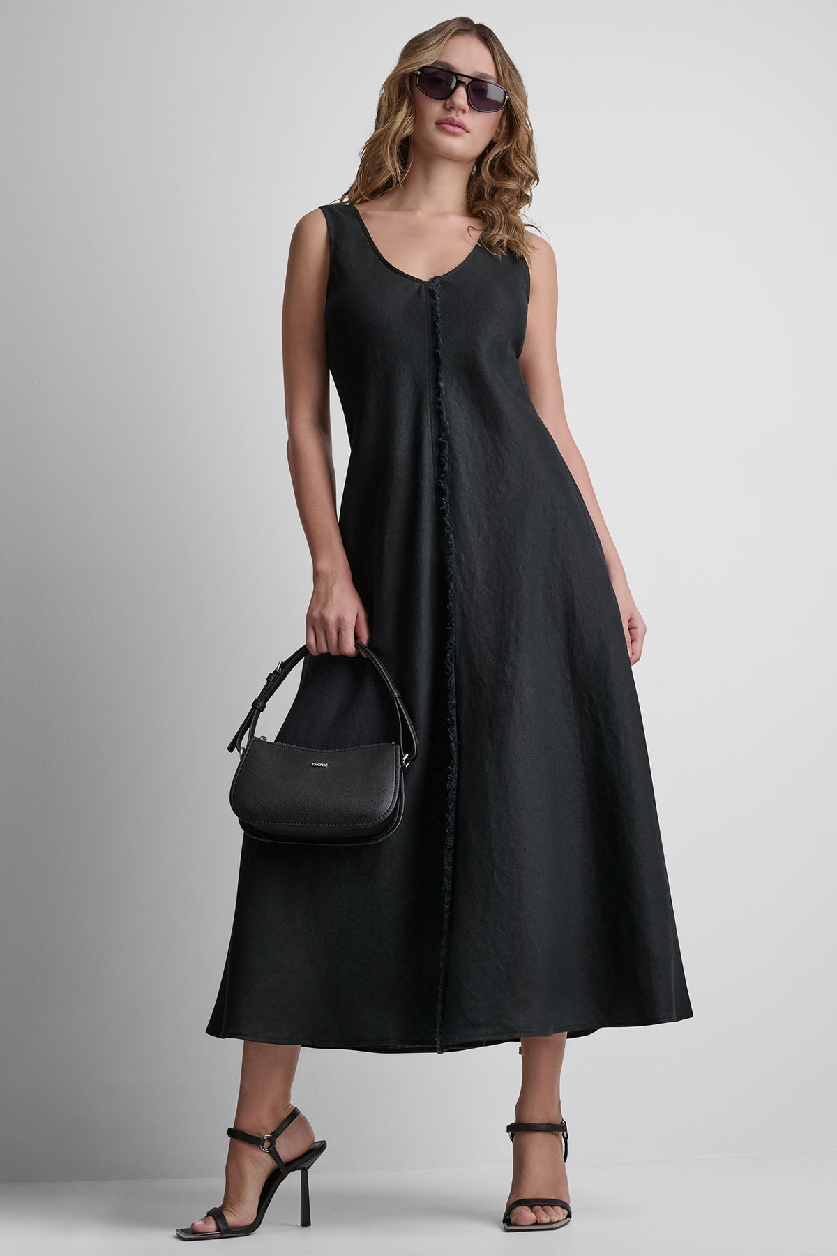 DKNY Women's Frayed Linen Maxi Dress in Black