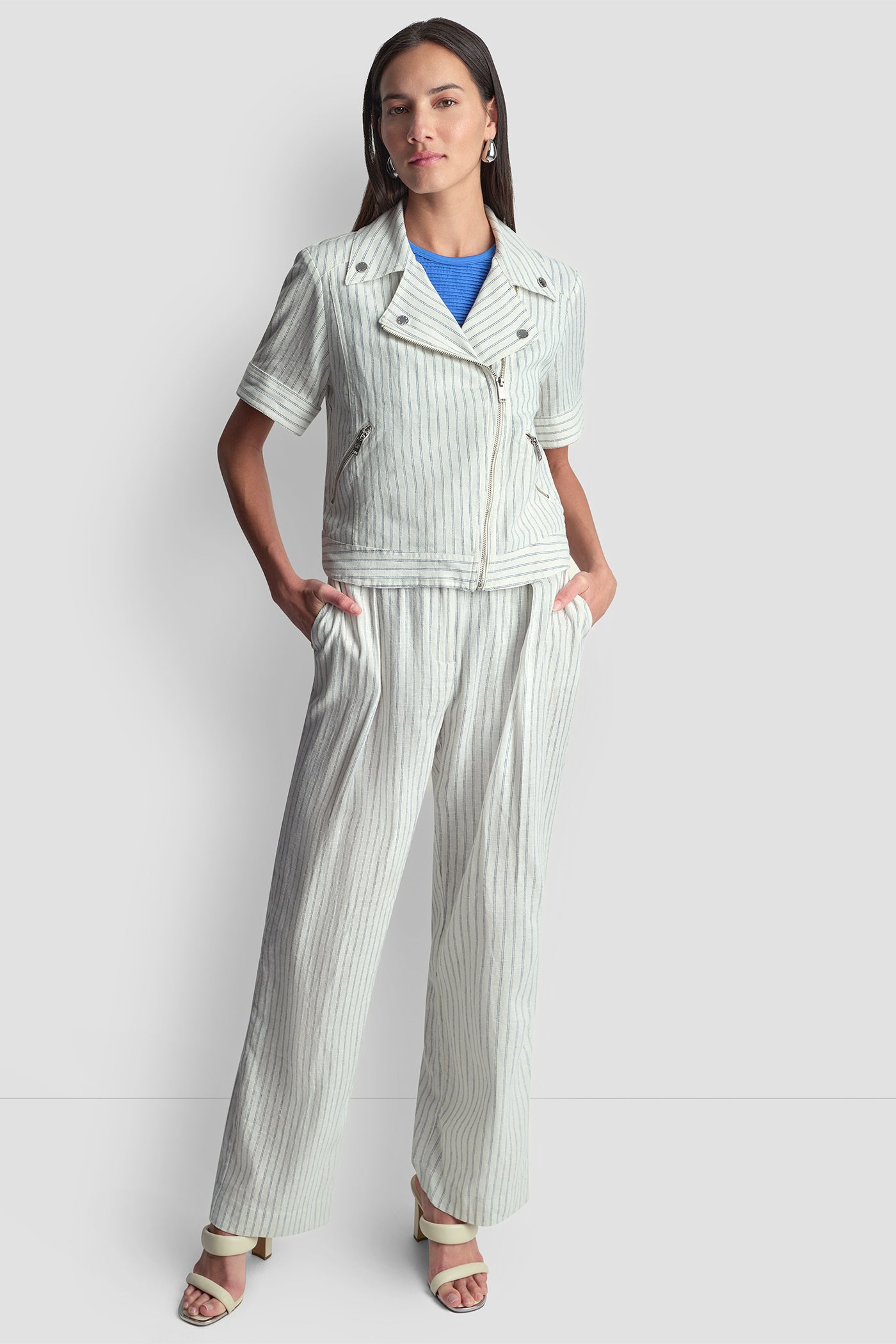 PINSTRIPE SHORT SLEEVE MOTO JACKET VIEW 4 | Women's Clearance PINSTRIPE SHORT SLEEVE MOTO JACKET VIEW 4 | Women's Clearance