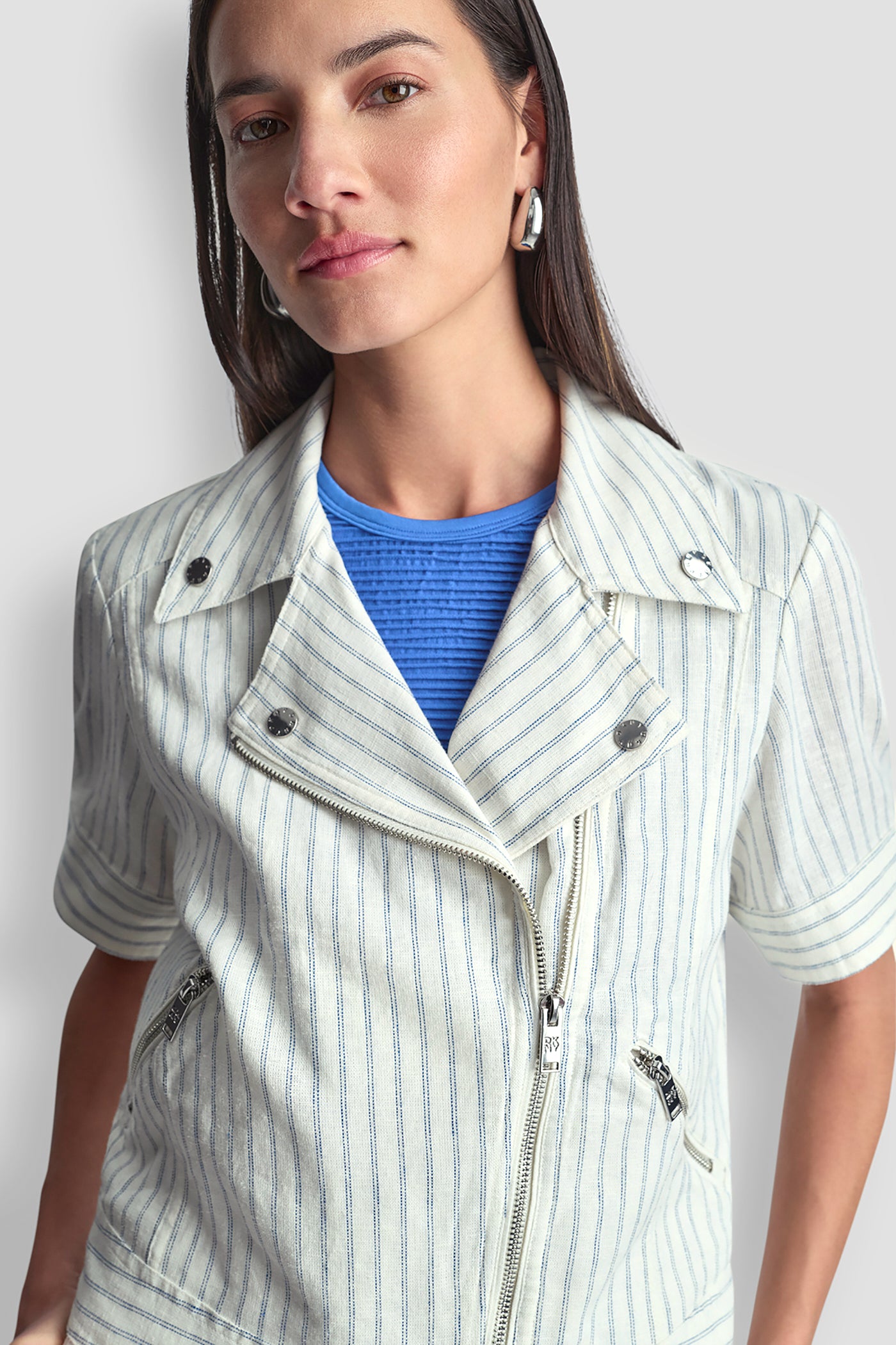 PINSTRIPE SHORT SLEEVE MOTO JACKET VIEW 6 | Women's Clearance PINSTRIPE SHORT SLEEVE MOTO JACKET VIEW 6 | Women's Clearance