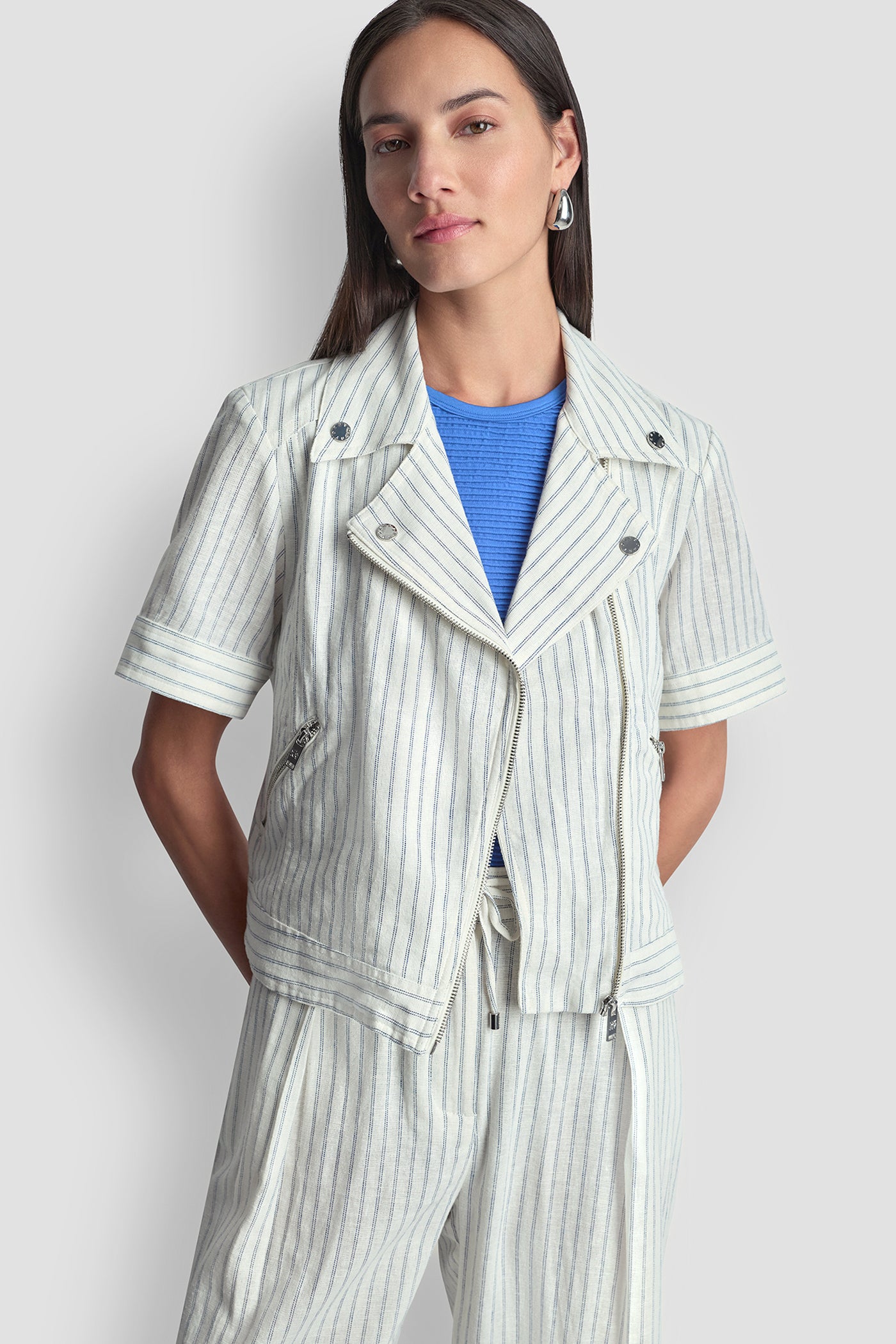 PINSTRIPE SHORT SLEEVE MOTO JACKET View 2 | Women's Clearance PINSTRIPE SHORT SLEEVE MOTO JACKET View 2 | Women's Clearance