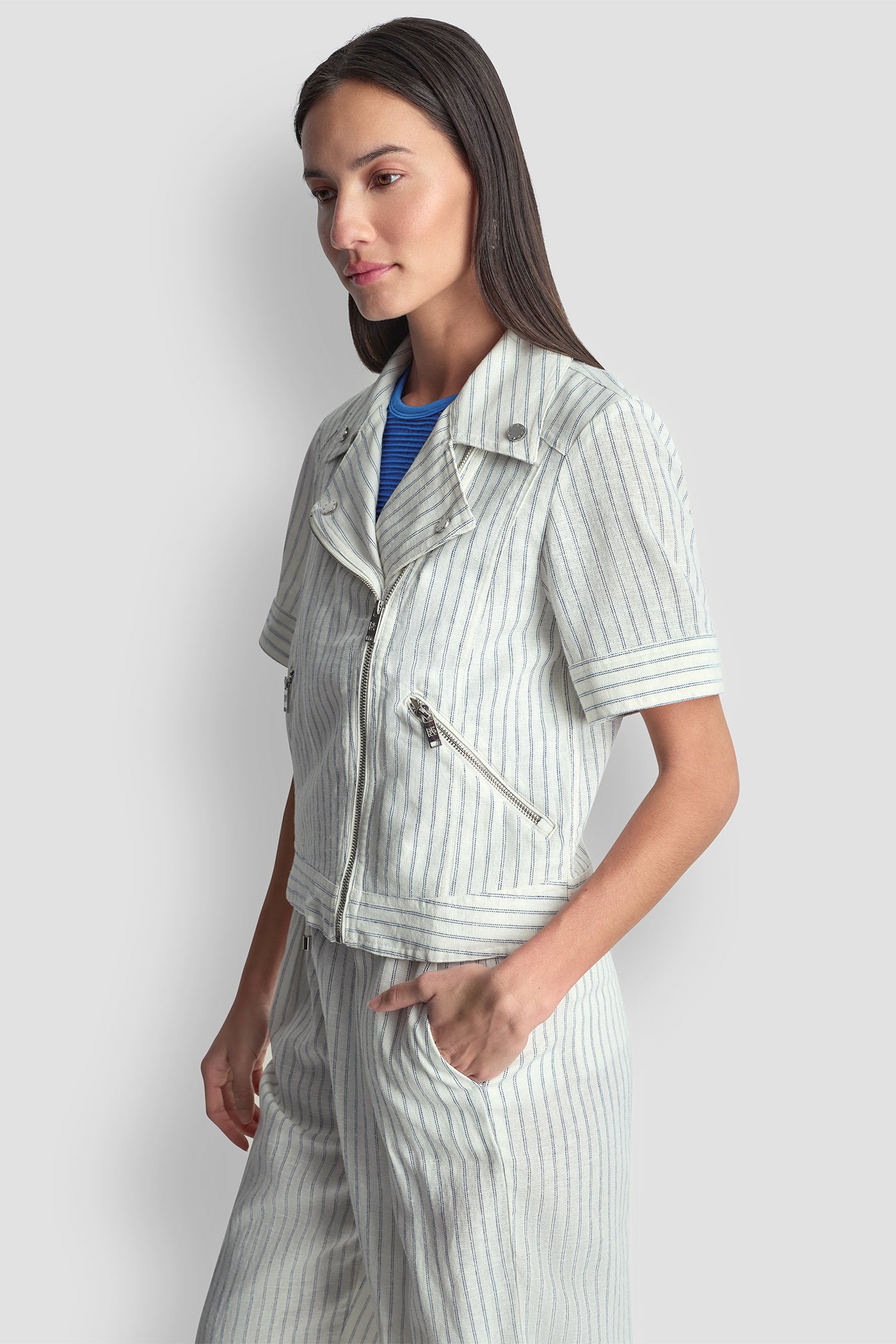 PINSTRIPE SHORT SLEEVE MOTO JACKET VIEW 5 | Women's Clearance PINSTRIPE SHORT SLEEVE MOTO JACKET VIEW 5 | Women's Clearance