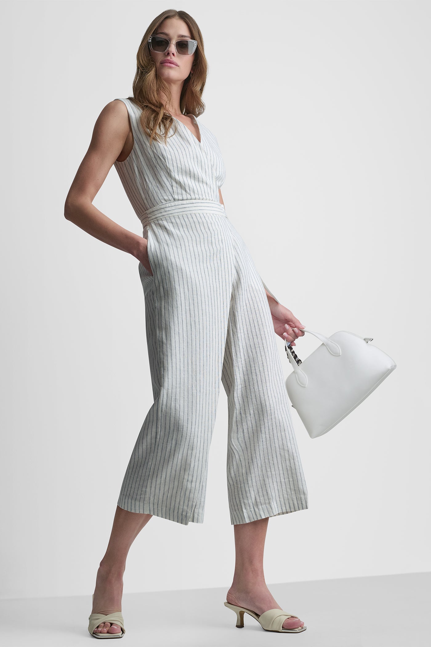 LINEN-BLEND SLEEVELESS WRAP-EFFECT V-NECK STRIPED JUMPSUIT VIEW 7 | Women's Clearance LINEN-BLEND SLEEVELESS WRAP-EFFECT V-NECK STRIPED JUMPSUIT VIEW 7 | Women's Clearance