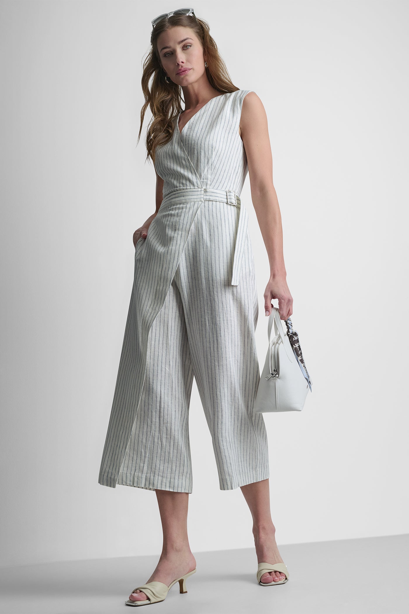 LINEN-BLEND SLEEVELESS WRAP-EFFECT V-NECK STRIPED JUMPSUIT View 1 | Women's Clearance LINEN-BLEND SLEEVELESS WRAP-EFFECT V-NECK STRIPED JUMPSUIT View 1 | Women's Clearance