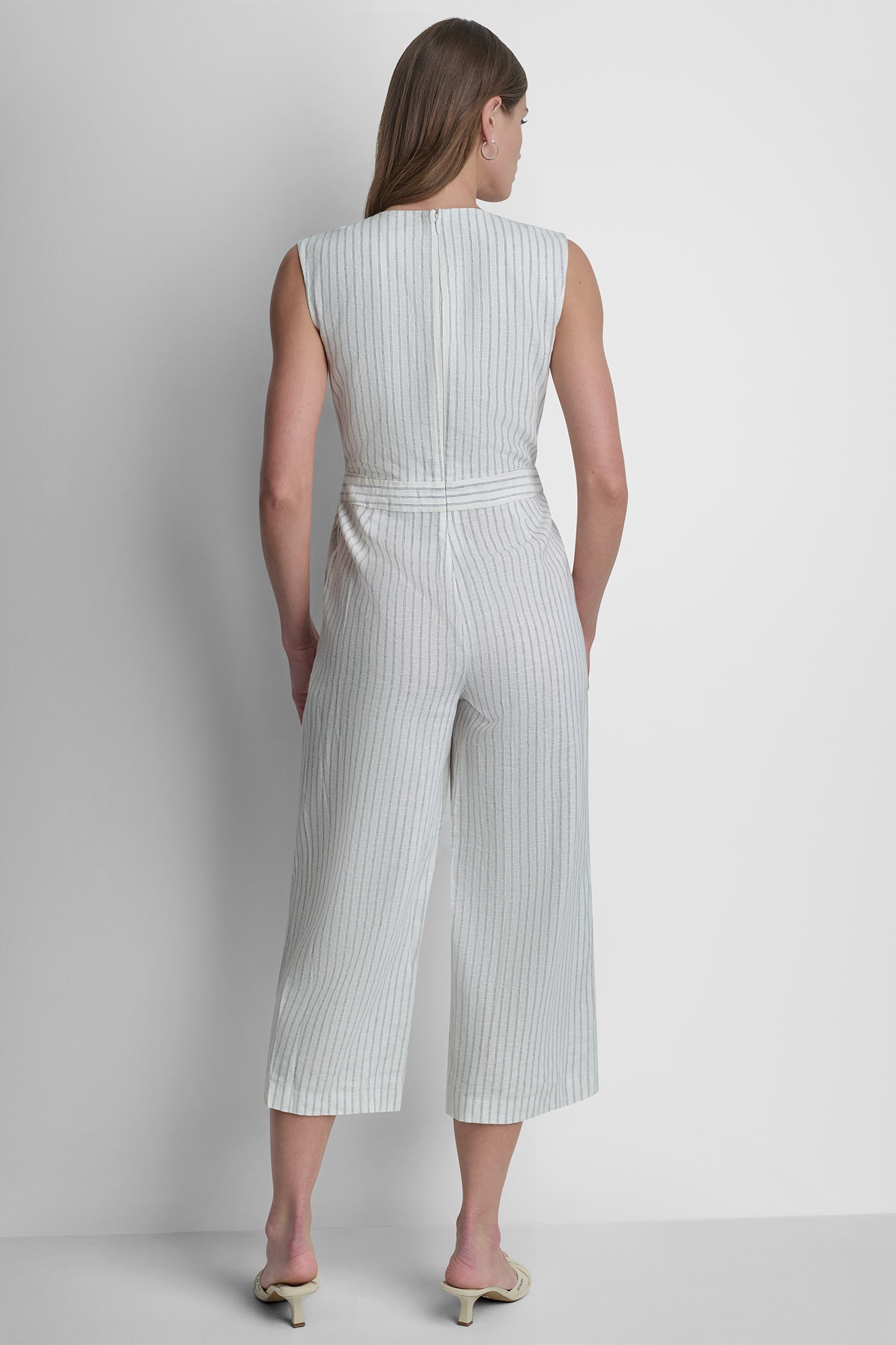 LINEN-BLEND SLEEVELESS WRAP-EFFECT V-NECK STRIPED JUMPSUIT VIEW 3 | Women's Clearance LINEN-BLEND SLEEVELESS WRAP-EFFECT V-NECK STRIPED JUMPSUIT VIEW 3 | Women's Clearance