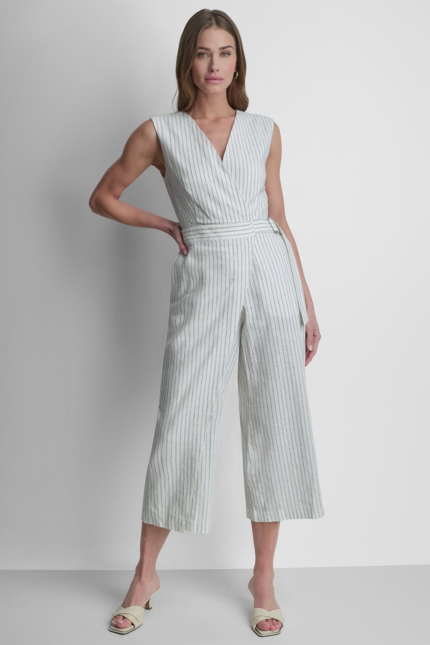 LINEN-BLEND SLEEVELESS WRAP-EFFECT V-NECK STRIPED JUMPSUIT View 2 | Women's Clearance LINEN-BLEND SLEEVELESS WRAP-EFFECT V-NECK STRIPED JUMPSUIT View 2 | Women's Clearance