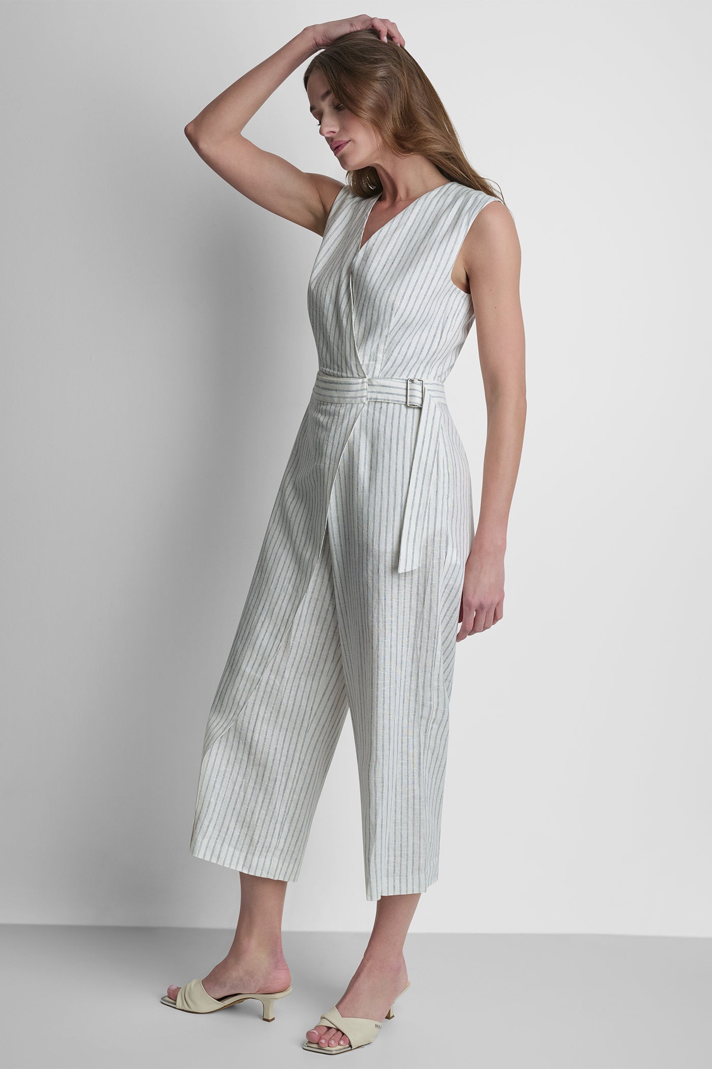 LINEN-BLEND SLEEVELESS WRAP-EFFECT V-NECK STRIPED JUMPSUIT VIEW 5 | Women's Clearance LINEN-BLEND SLEEVELESS WRAP-EFFECT V-NECK STRIPED JUMPSUIT VIEW 5 | Women's Clearance