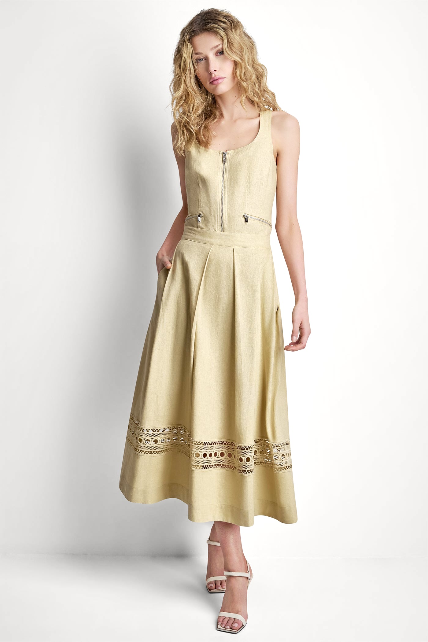LINEN-BLEND LOOP LACE-TRIMMED PLEATED MIDI SKIRT View 1 | Women's Clearance LINEN-BLEND LOOP LACE-TRIMMED PLEATED MIDI SKIRT View 1 | Women's Clearance
