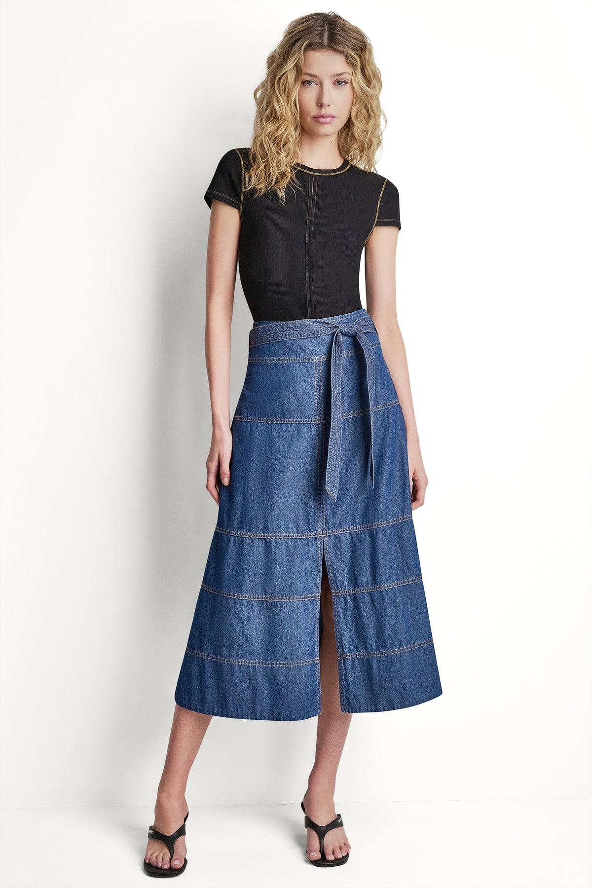 TIE WAIST CONTRAST STITCH SKIRT VIEW 2
