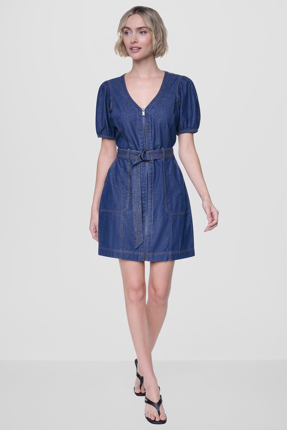 DKNY Women's Puff Sleeve Belted Denim Dress in Crosby Wash
