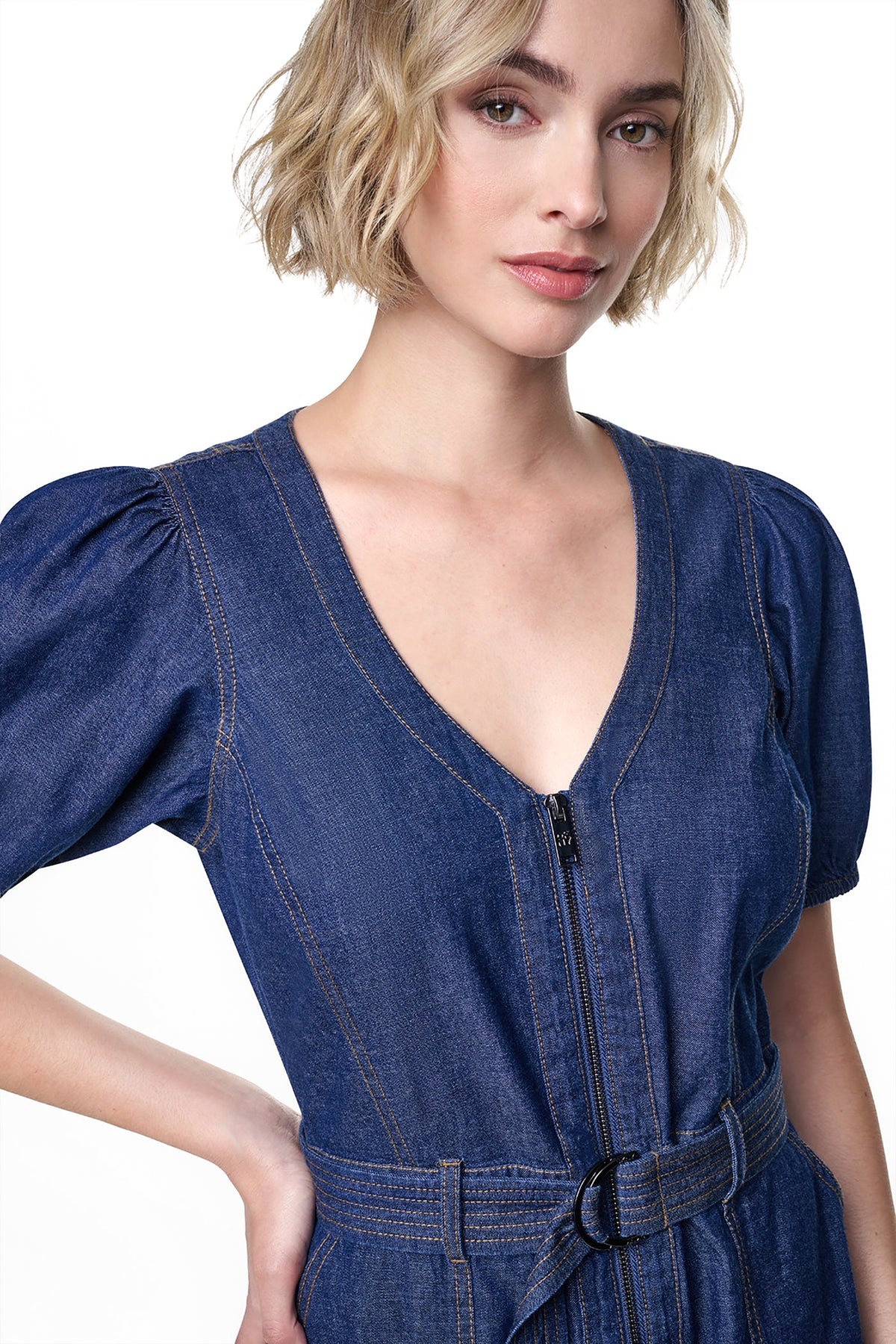 PUFF SLEEVE BELTED DENIM DRESS View 2 | Under $75 PUFF SLEEVE BELTED DENIM DRESS View 2 | Under $75