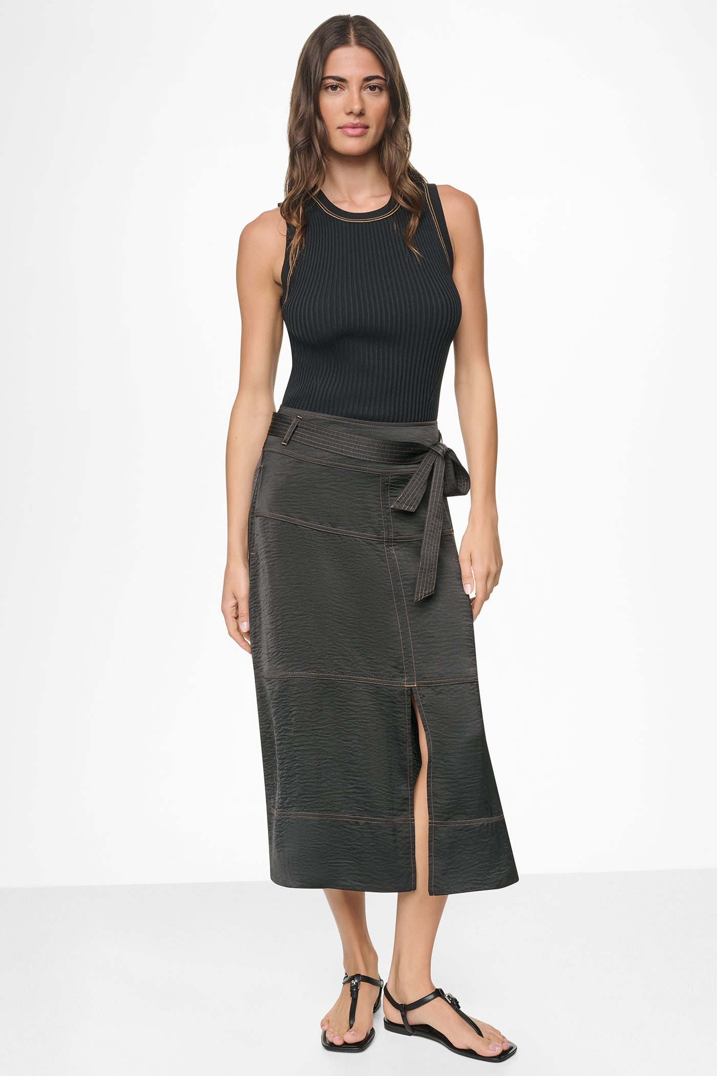 TIE WAIST CONTRAST STITCH MIDI SKIRT VIEW 5 TIE WAIST CONTRAST STITCH MIDI SKIRT VIEW 5