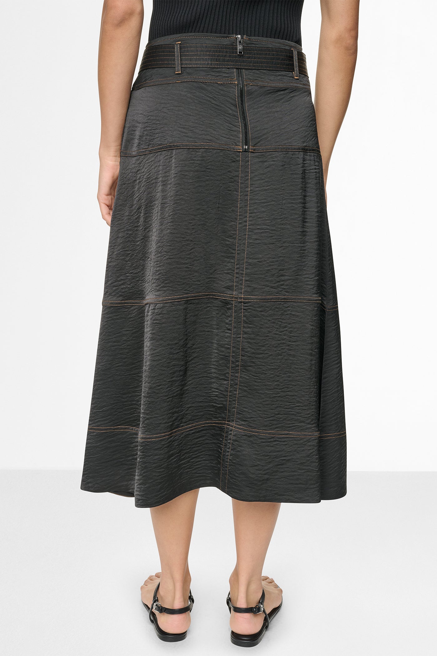 TIE WAIST CONTRAST STITCH MIDI SKIRT VIEW 3 TIE WAIST CONTRAST STITCH MIDI SKIRT VIEW 3
