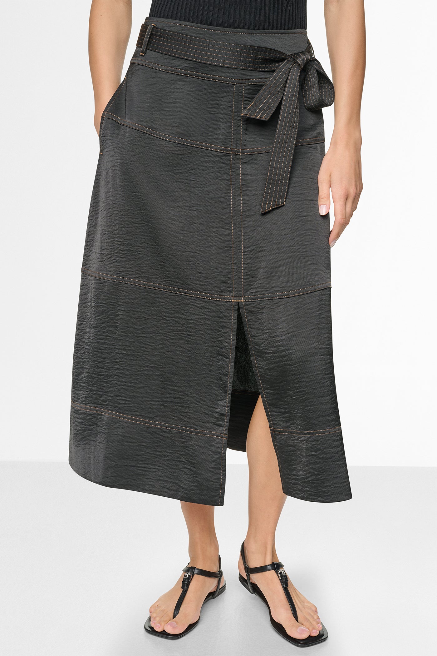 TIE WAIST CONTRAST STITCH MIDI SKIRT View 2 | Skirts TIE WAIST CONTRAST STITCH MIDI SKIRT View 2 | Skirts