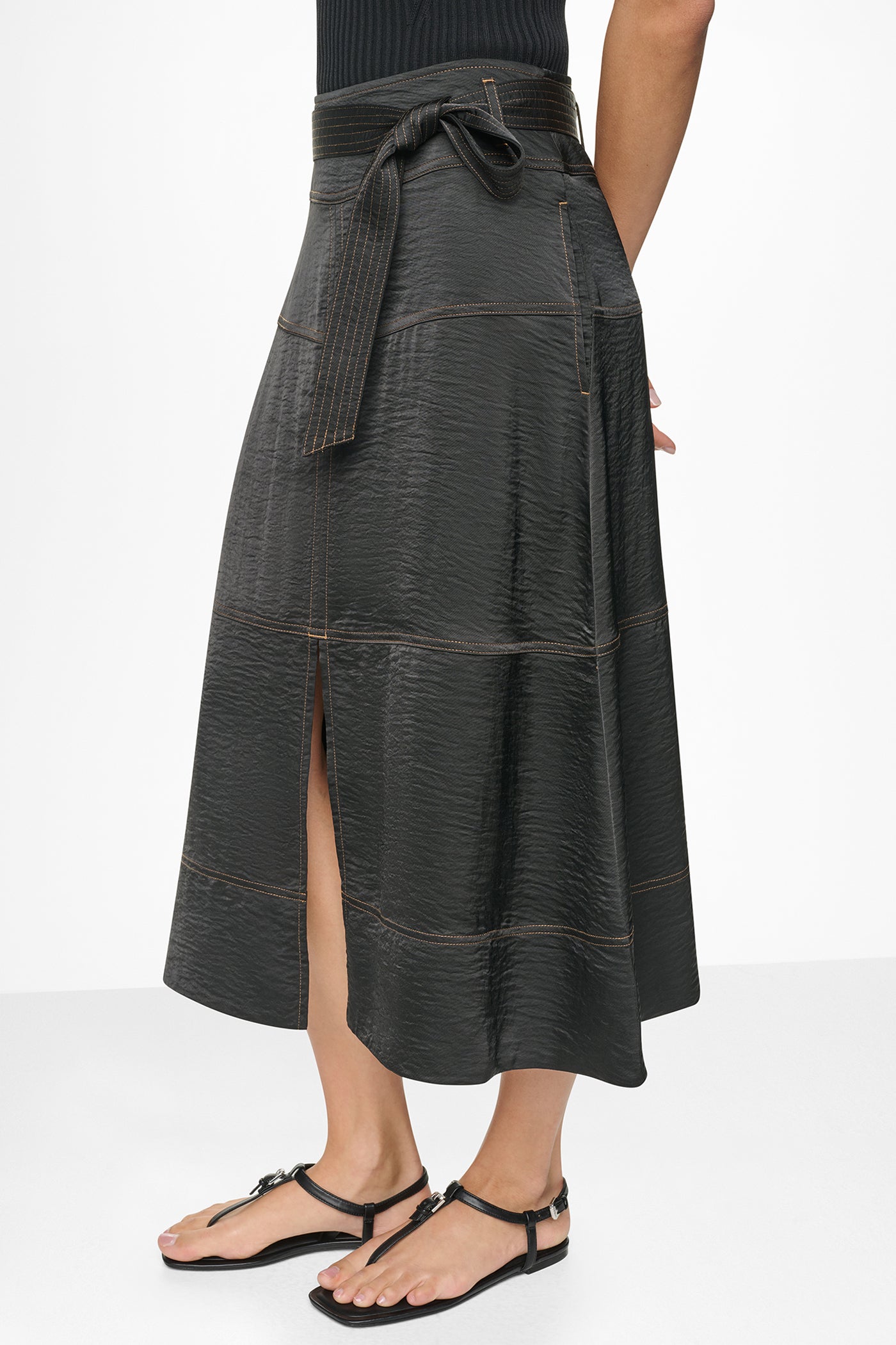 TIE WAIST CONTRAST STITCH MIDI SKIRT VIEW 4 TIE WAIST CONTRAST STITCH MIDI SKIRT VIEW 4