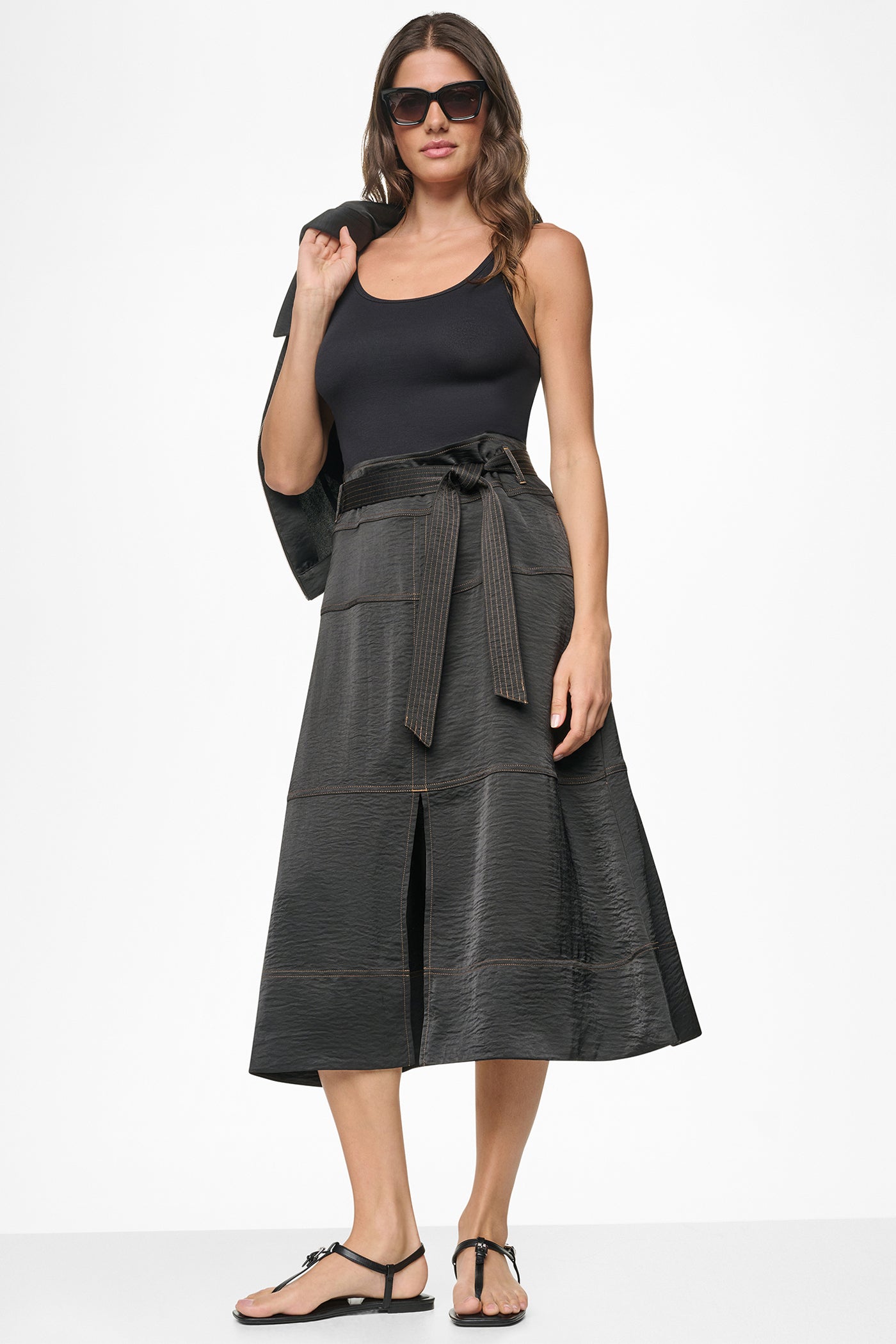 TIE WAIST CONTRAST STITCH MIDI SKIRT View 1 | Skirts TIE WAIST CONTRAST STITCH MIDI SKIRT View 1 | Skirts