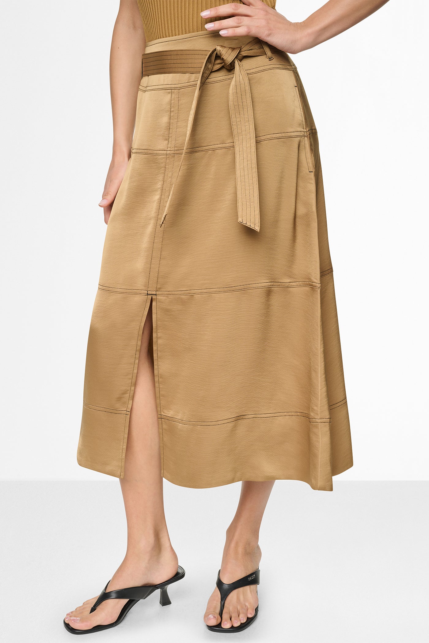 TIE WAIST CONTRAST STITCH MIDI SKIRT View 2 | Skirts TIE WAIST CONTRAST STITCH MIDI SKIRT View 2 | Skirts