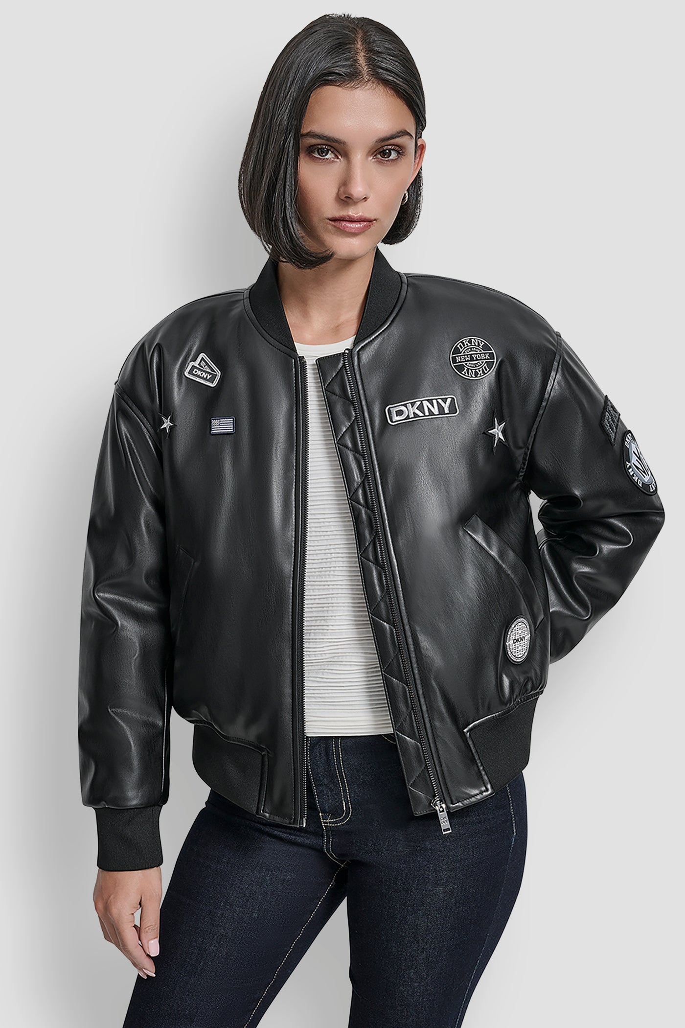 LONG SLEEVE PINS AND PATCHES BOMBER JACKET VIEW 1 | WOMENS COATS & JACKETS LONG SLEEVE PINS AND PATCHES BOMBER JACKET VIEW 1 | WOMENS COATS & JACKETS