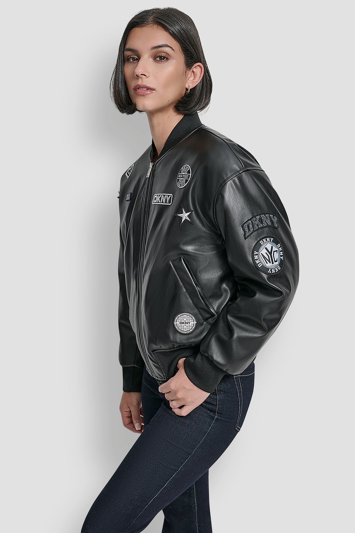 Long Sleeve Pins And Patches Bomber Jacket Bomber DKNY