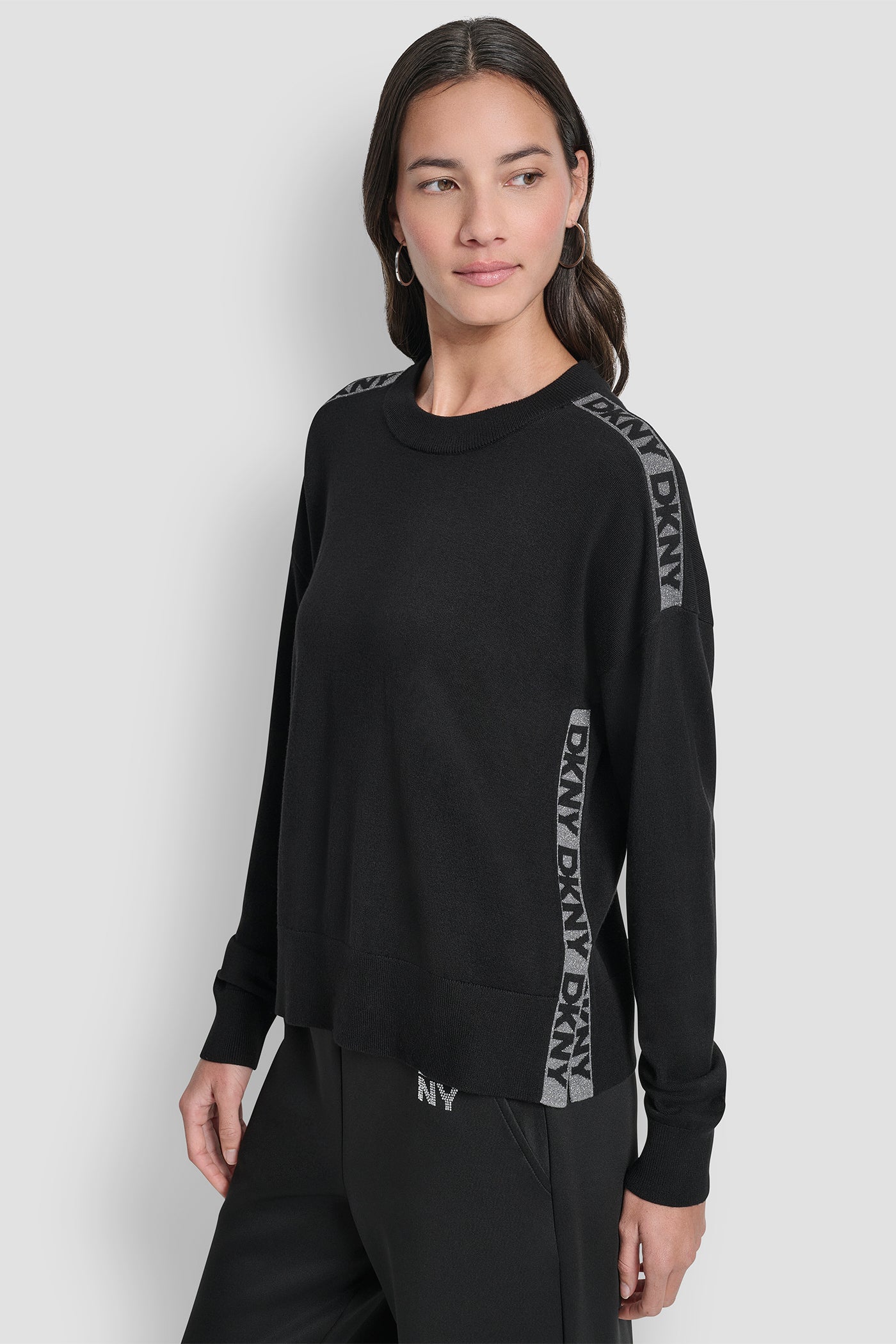 LONG SLEEVE LOGO TAPE LUREX SWEATER VIEW 3 | DKNY Promo LONG SLEEVE LOGO TAPE LUREX SWEATER VIEW 3 | DKNY Promo