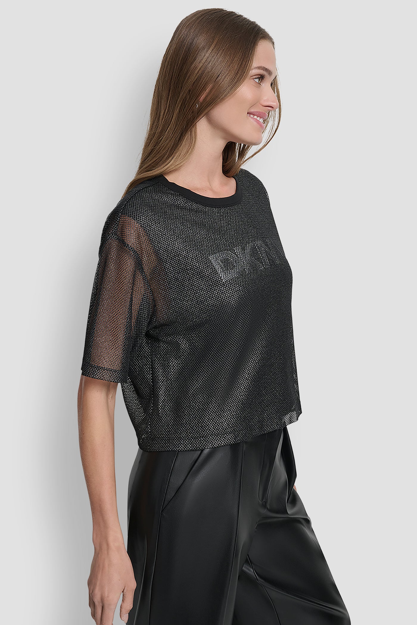 SHORT SLEEVE MESH OVERLAY LOGO KNIT TOP VIEW 3 | WOMEN'S SWEATERS & TOPS SHORT SLEEVE MESH OVERLAY LOGO KNIT TOP VIEW 3 | WOMEN'S SWEATERS & TOPS