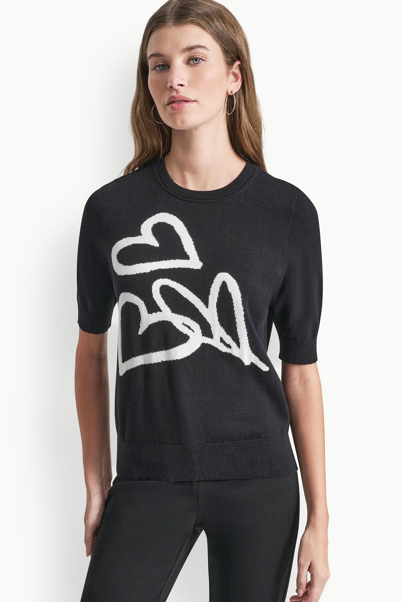 COTTON-JACQUARD SHORT-SLEEVE GRAFFITI HEART SWEATER View 2 | Women's Clearance COTTON-JACQUARD SHORT-SLEEVE GRAFFITI HEART SWEATER View 2 | Women's Clearance