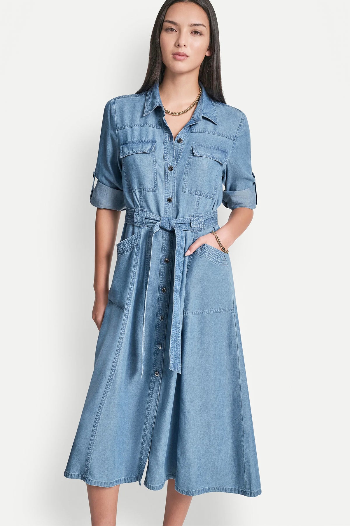 cargo shirt dress DKNY Women's LONG Sleeve Roll Tab Tencel Cargo Dress in Stream