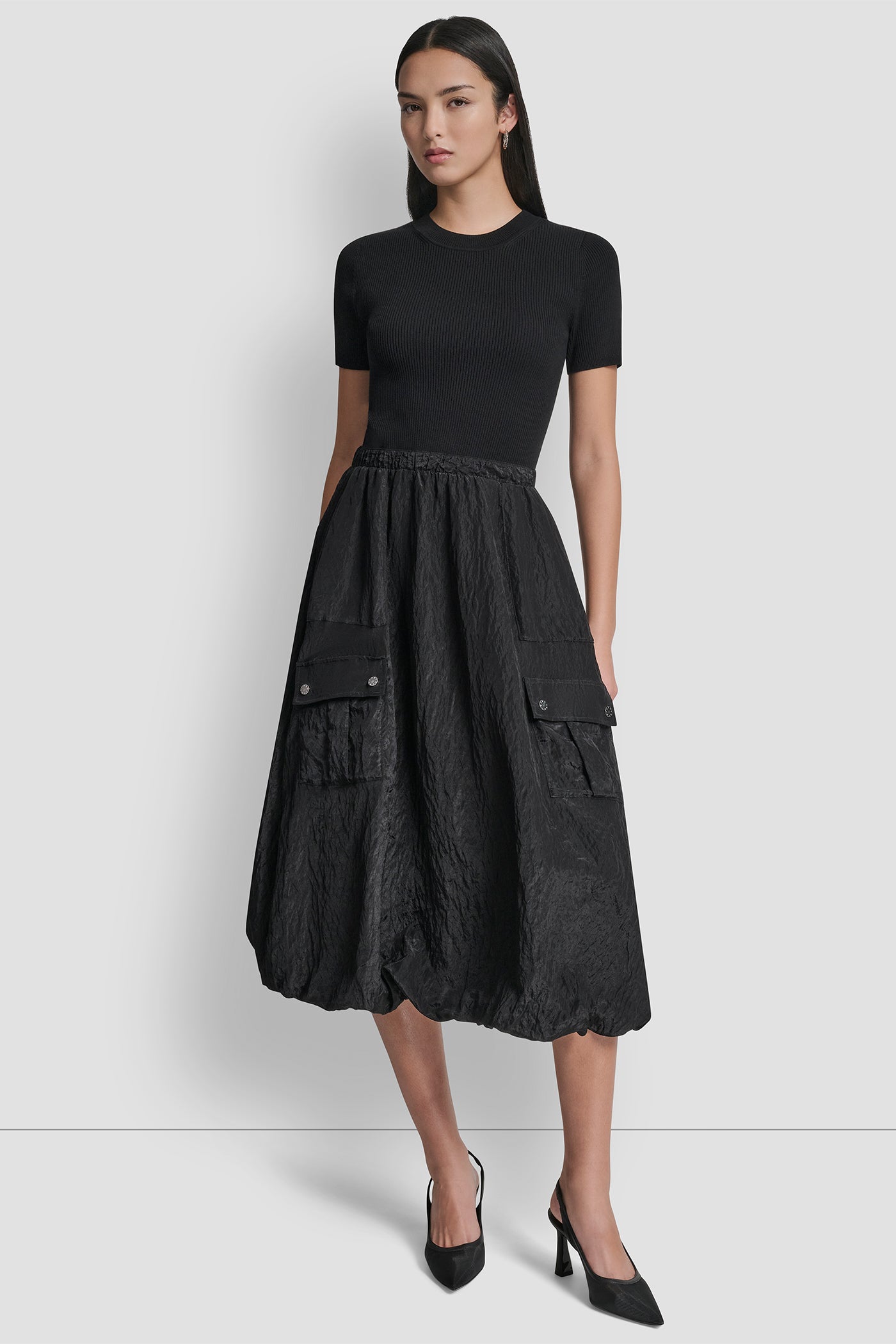 MIXED MEDIA CARGO MIDI BUBBLE DRESS View 2 | Fall Collection MIXED MEDIA CARGO MIDI BUBBLE DRESS View 2 | Fall Collection