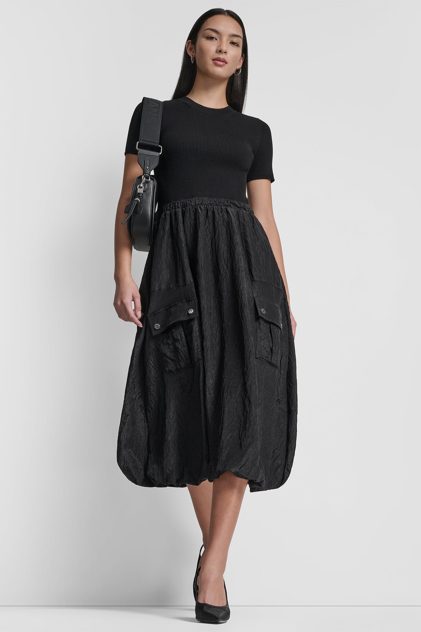 MIXED MEDIA CARGO MIDI BUBBLE DRESS View 1 | Fall Collection MIXED MEDIA CARGO MIDI BUBBLE DRESS View 1 | Fall Collection