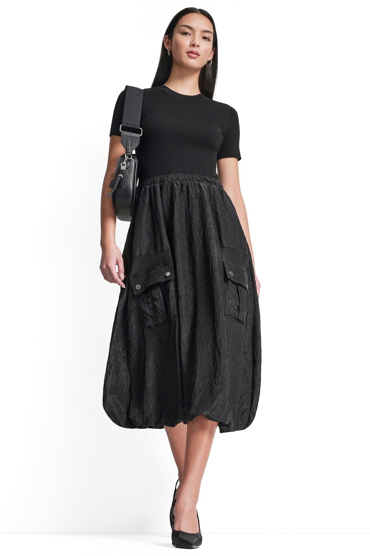 MIXED MEDIA CARGO MIDI BUBBLE DRESS View 1 | SPRING 2026 MIXED MEDIA CARGO MIDI BUBBLE DRESS View 1 | SPRING 2026