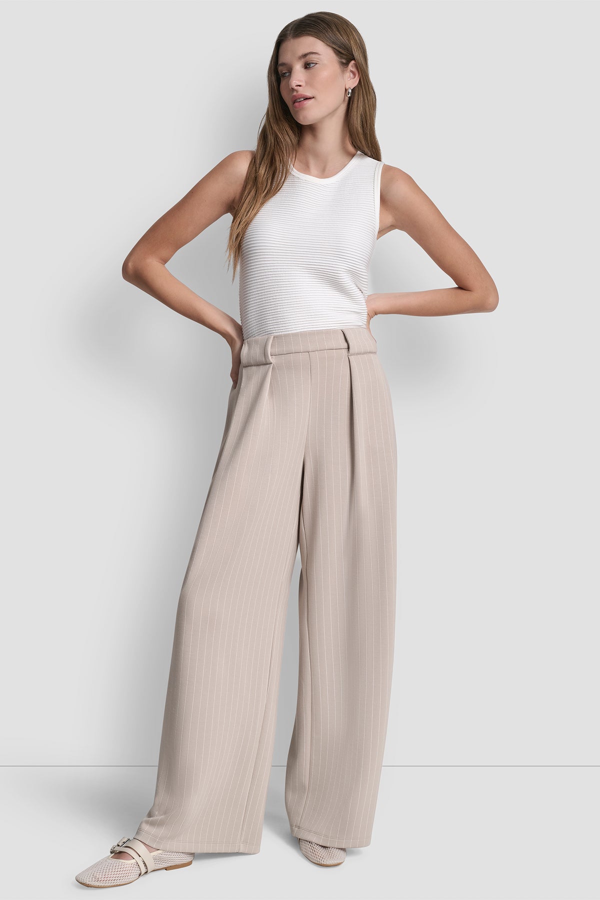 PINSTRIPED PLEATED STRAIGHT-LEG PULL-ON PANT VIEW 2