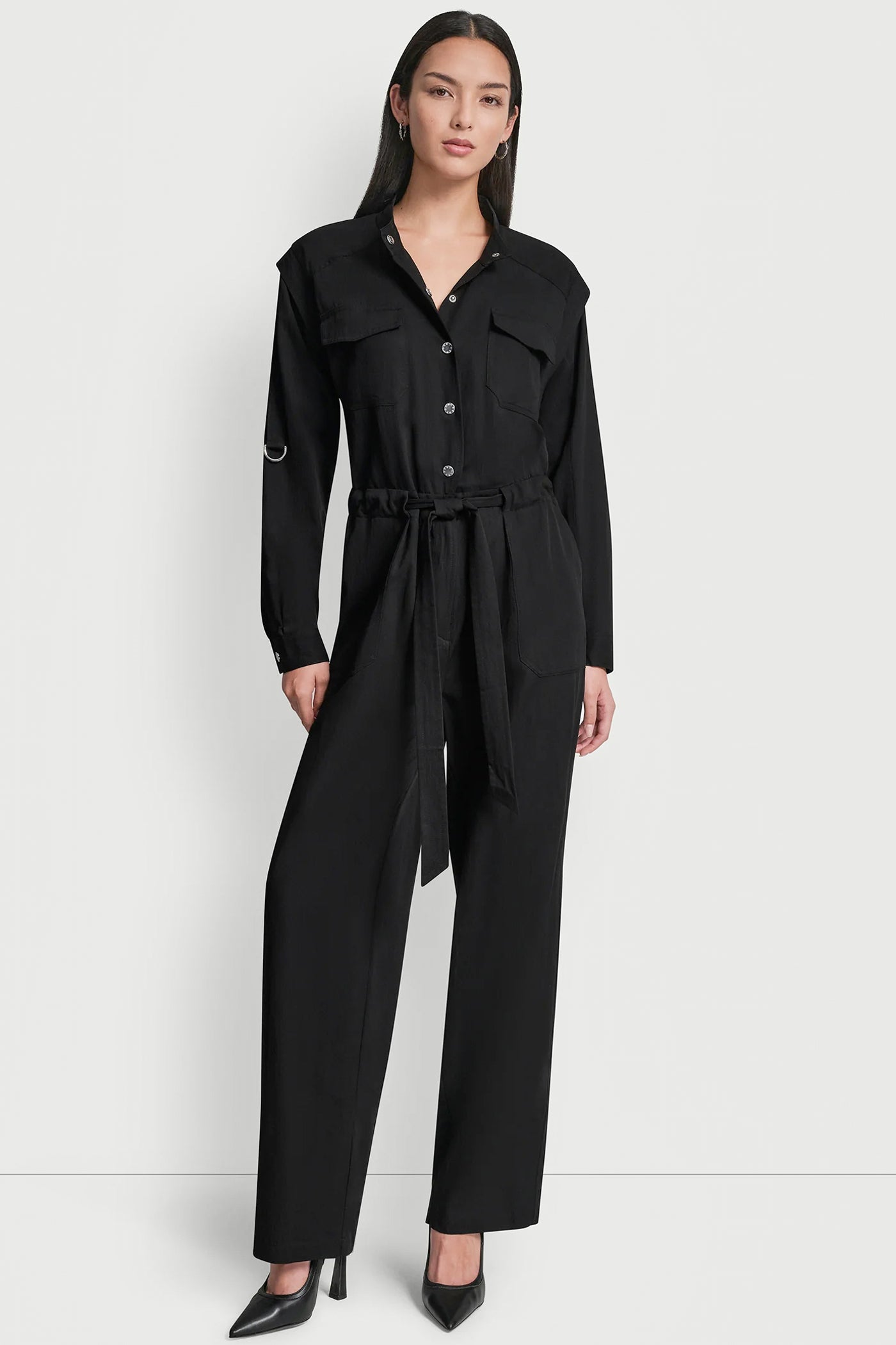 LONG SLEEVE COLLARLESS UTILITY JUMPSUIT View 1 | Women's Clearance LONG SLEEVE COLLARLESS UTILITY JUMPSUIT View 1 | Women's Clearance