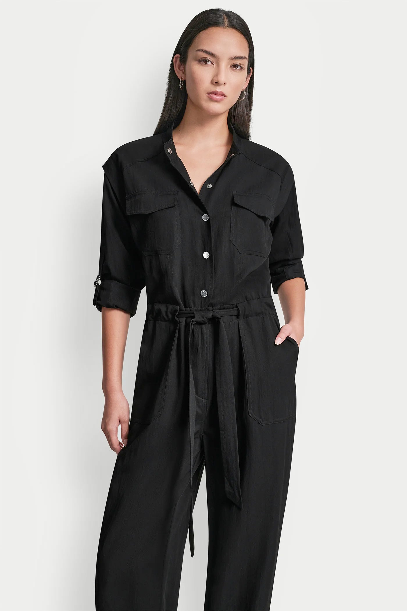 LONG SLEEVE COLLARLESS UTILITY JUMPSUIT View 2 | Women's Clearance LONG SLEEVE COLLARLESS UTILITY JUMPSUIT View 2 | Women's Clearance
