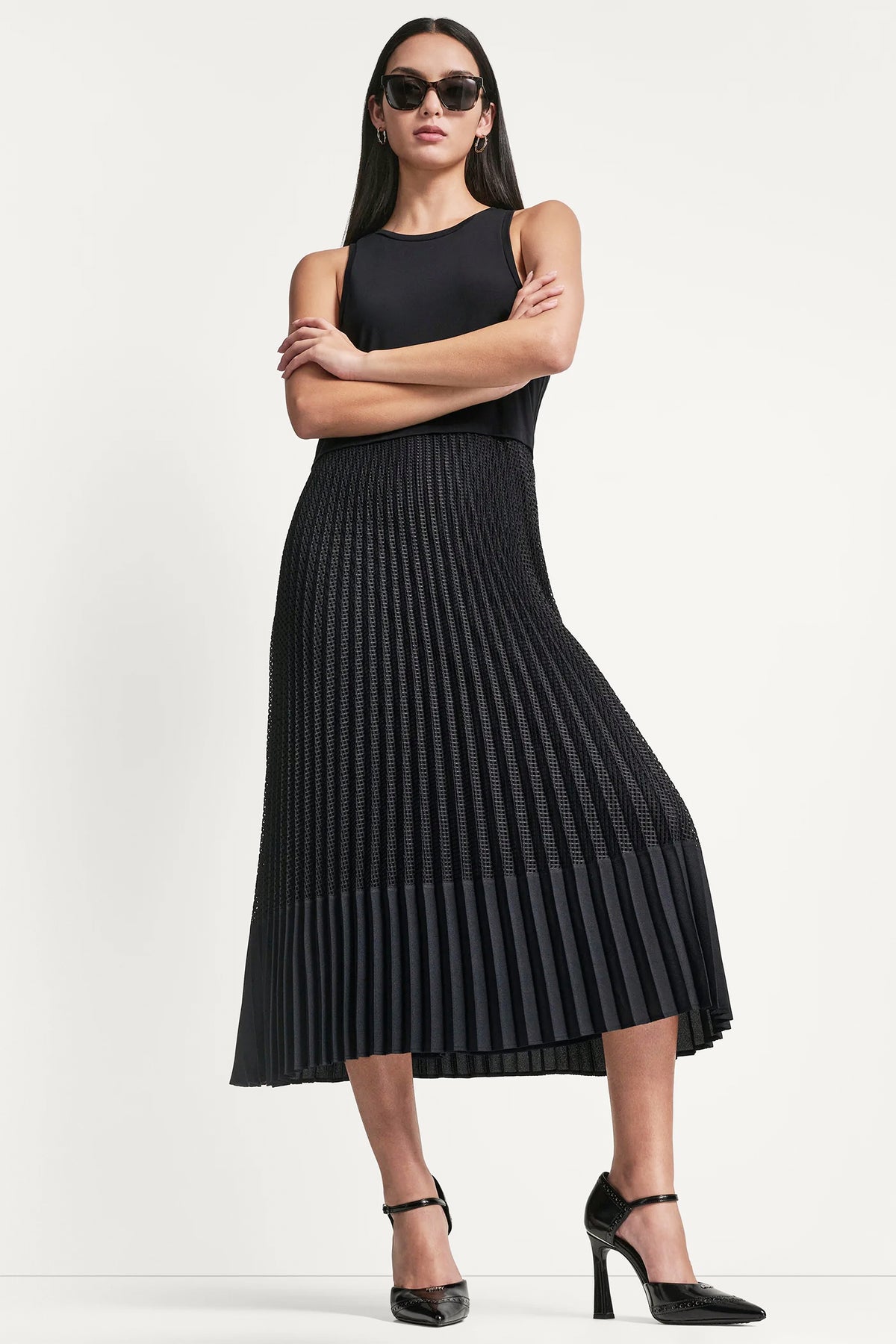 SLEEVELESS PLEATED MIXED MEDIA MIDI DRESS View 1 | SALE CLOTHING SLEEVELESS PLEATED MIXED MEDIA MIDI DRESS View 1 | SALE CLOTHING