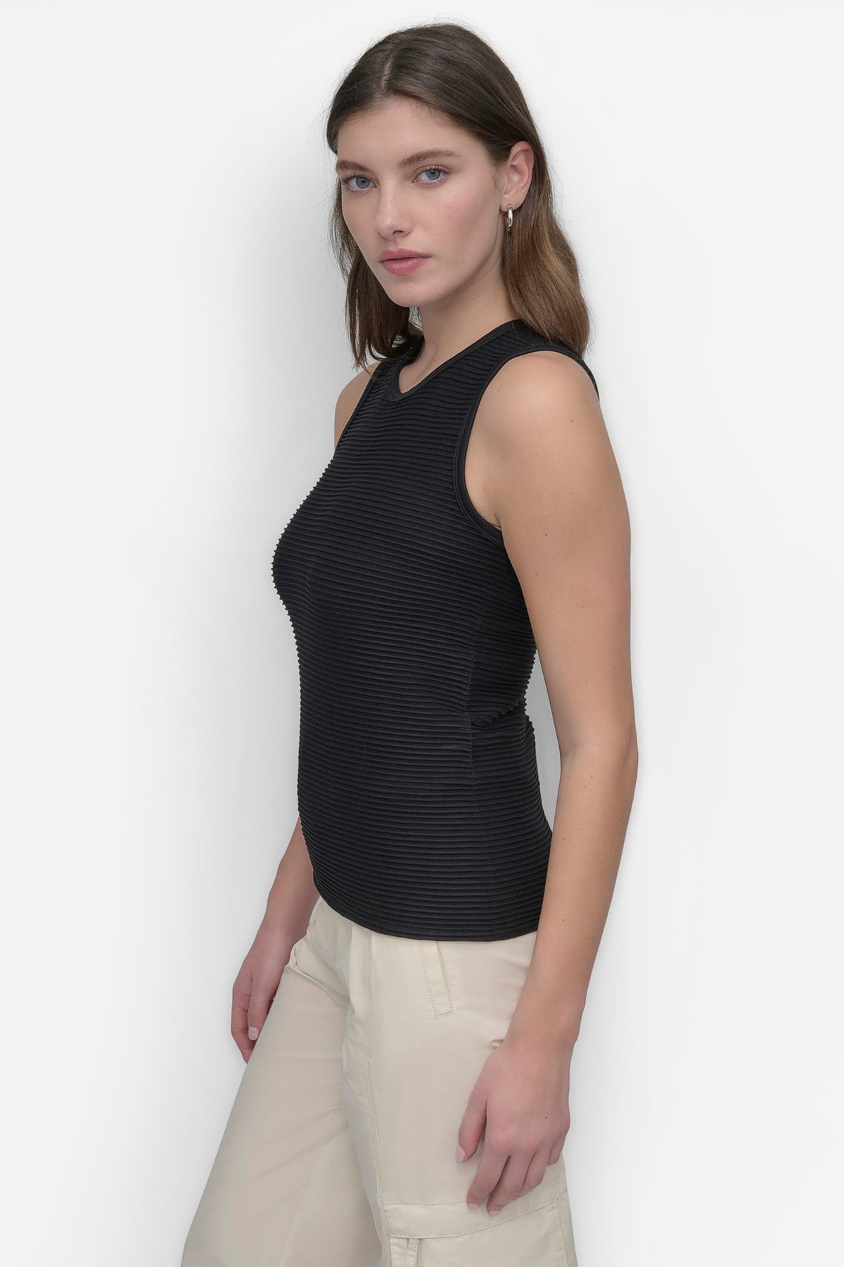 DKNY Sleeveless Satin Shell Top With Shoulder Pads - Crew Neck Pullover Blouse