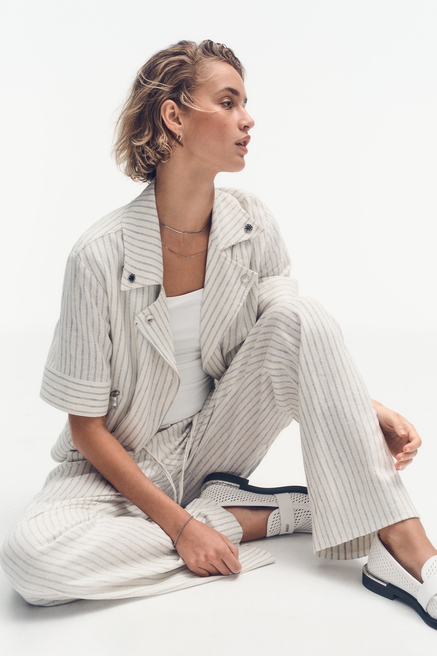 PINSTRIPE SHORT SLEEVE MOTO JACKET View 1 | Women's Clearance PINSTRIPE SHORT SLEEVE MOTO JACKET View 1 | Women's Clearance