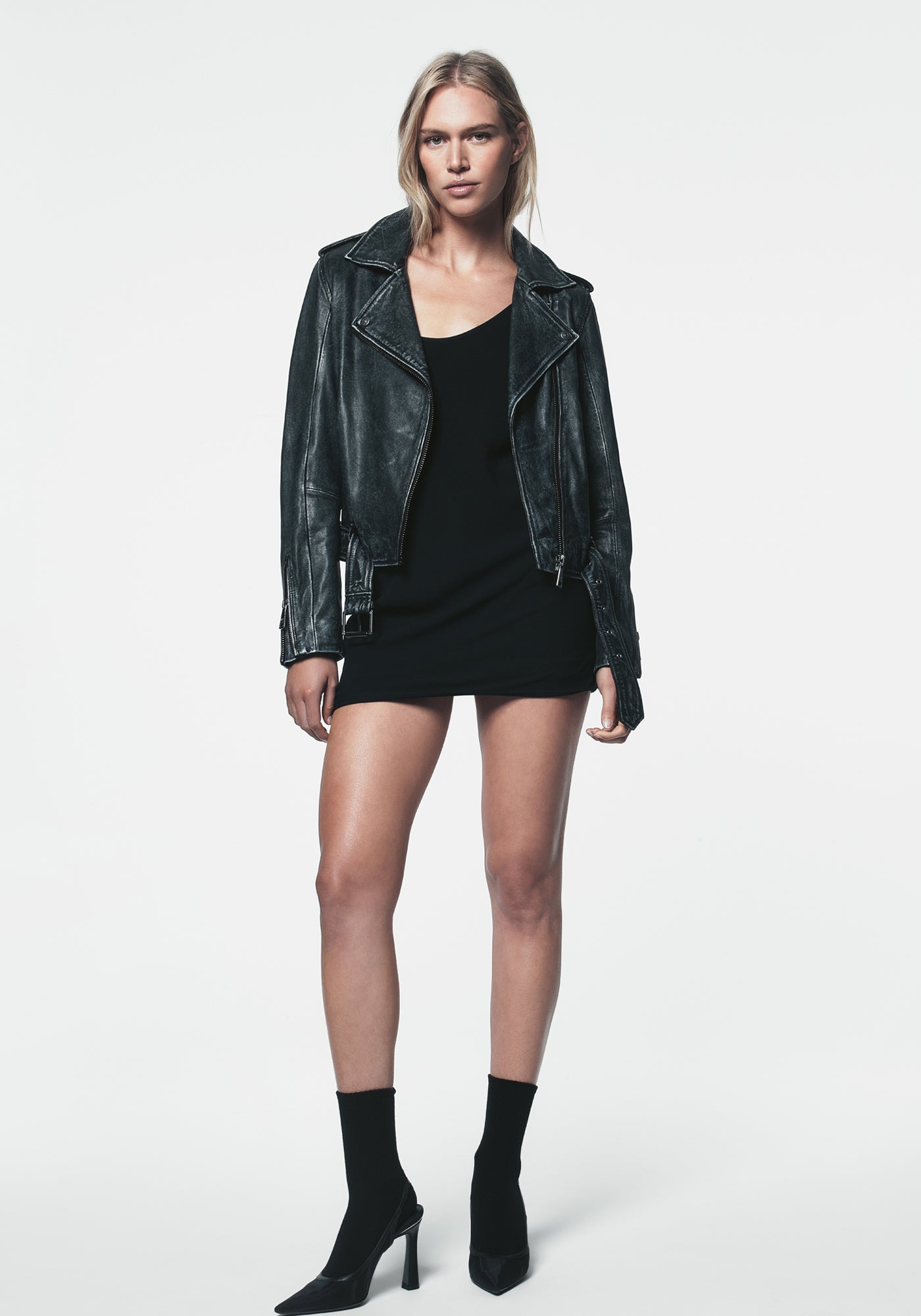 DENIM DISTRESSED LEATHER MOTO JACKET, FRONT VIEW | Jackets & Blazers